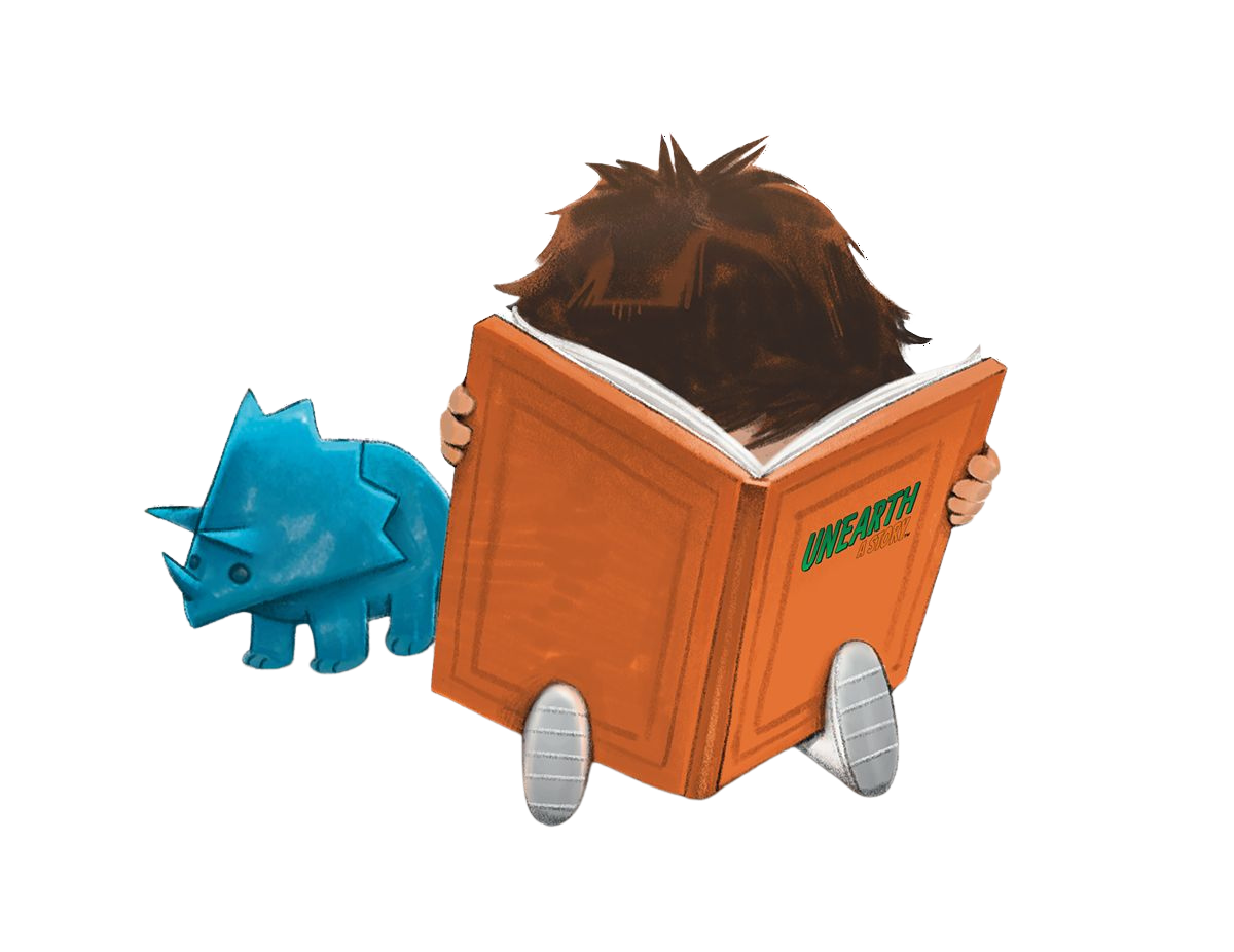 An image of one of the hidden Digby across the site. A brunette child is reading a book covering their face next to Digby, a small blue triceratops. Digby is standing slightly behind the child and has his head tilted curiously to the viewer.