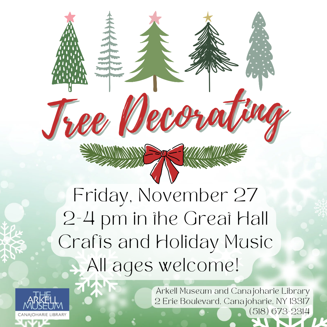 A graphic for "tree decorating." It features five cartoon style trees on the top, a festive font reading "tree decorating" with a bow and tree branch border beneath, and text at the bottom. The background is a snowflake pattern with a green gradient.