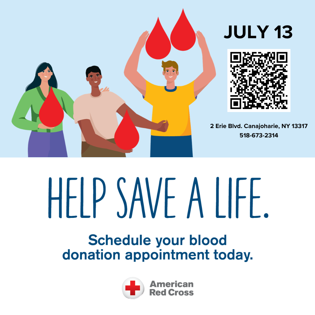 A graphic for a blood drive that reads "Help save a life. Schedule your blood donation appointment today." by the American Red Cross.