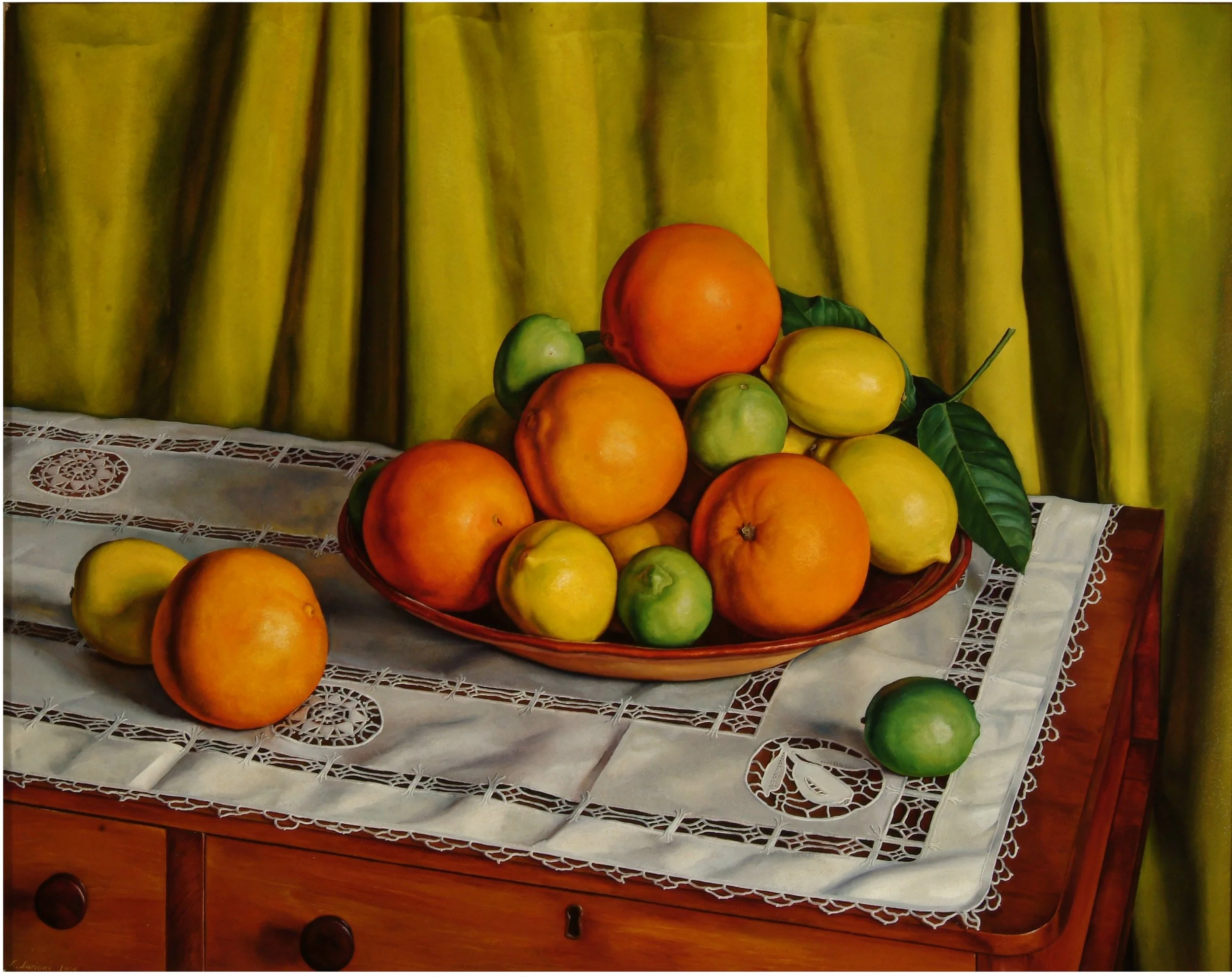 Still life oil painting of a bowl of fruit of oranges, limes and lemons. There is a backdrop of green fabric. The bowl of fruit sits on a doily. 