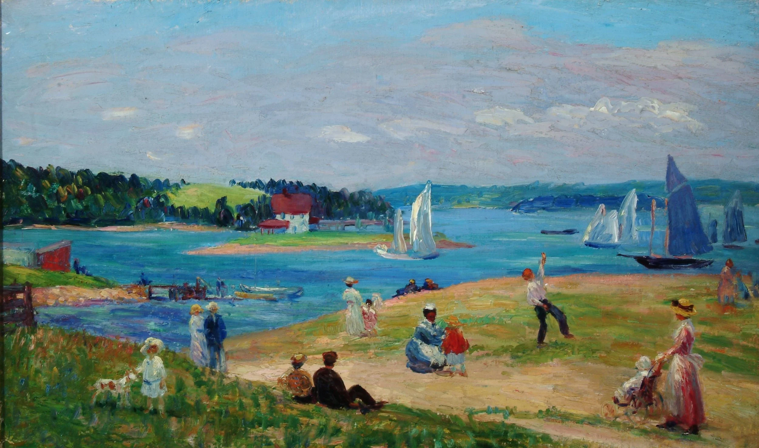A grassy beach scene composed of small, soft brushstrokes and populated with sailboats, groups of people and a prominent white house with a red roof. 