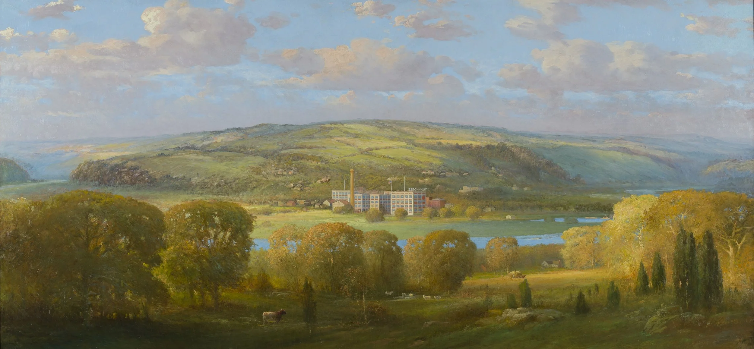 Oil painting of a river valley with a factory at the center of it. 