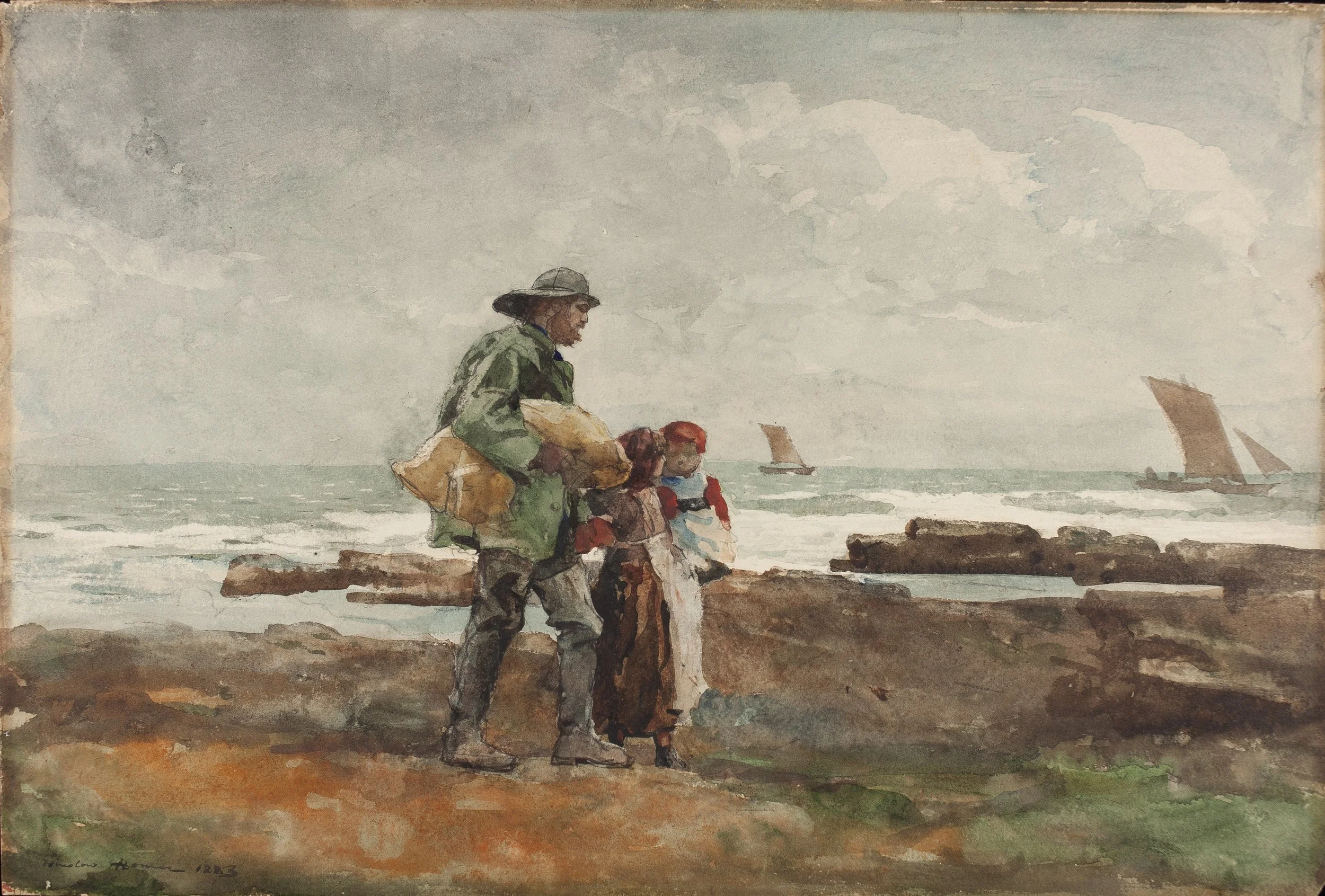 A grey ocean scene with small sailboats in the distance depicting a sailor carrying a yellow jacket and crossing a rocky shore with two young children.