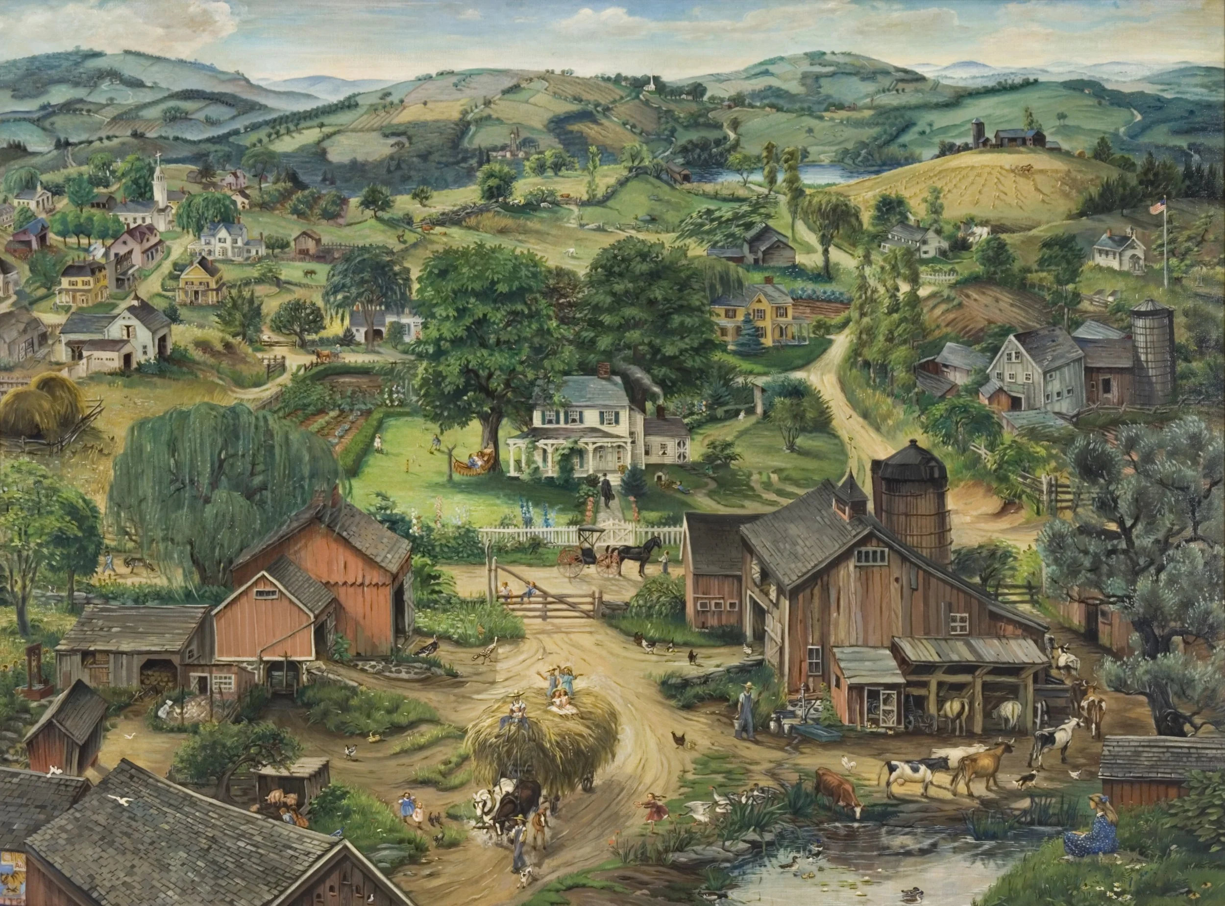 Oil painting of a countryside with villages, houses and farms. There are many children playing. A central house is the focus of the painting. There are children playing croquet and a child running to an outhouse. In front of this house is a small bla