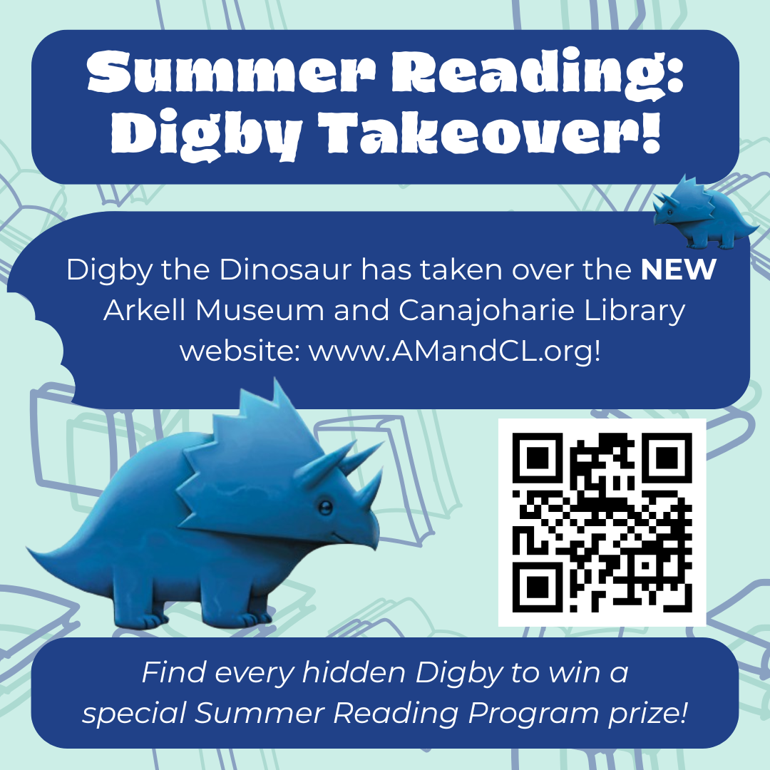 This is a promotional image for our Summer Reading Digby Take-over program. Digby is the SRP Mascot, a Blue Triceratops dinosaur. If you find the correct number of hidden Digby on our website you get a prize. There are 2 Digby on this image.