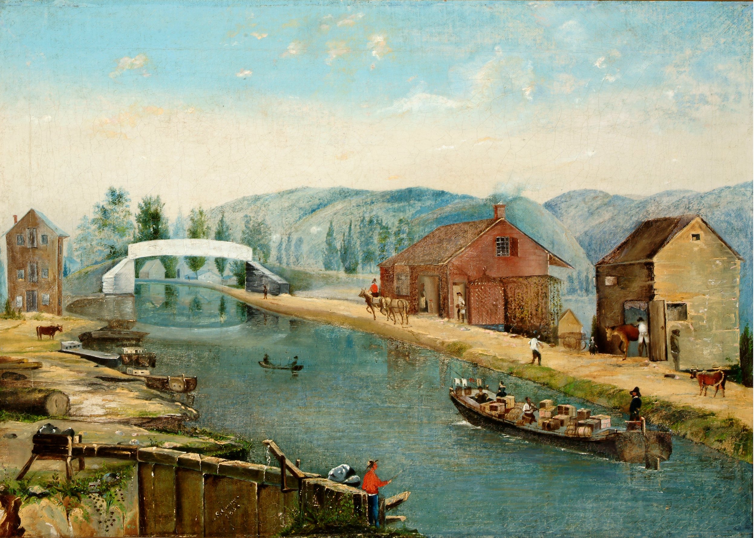 Oil painting of a canal scene. There is a small river boat with many packages aboard. There are buildings on either side of the canal. A man fishes in the lower left corner. A man in the upper right corner rides a horse attached to a tow rope. 