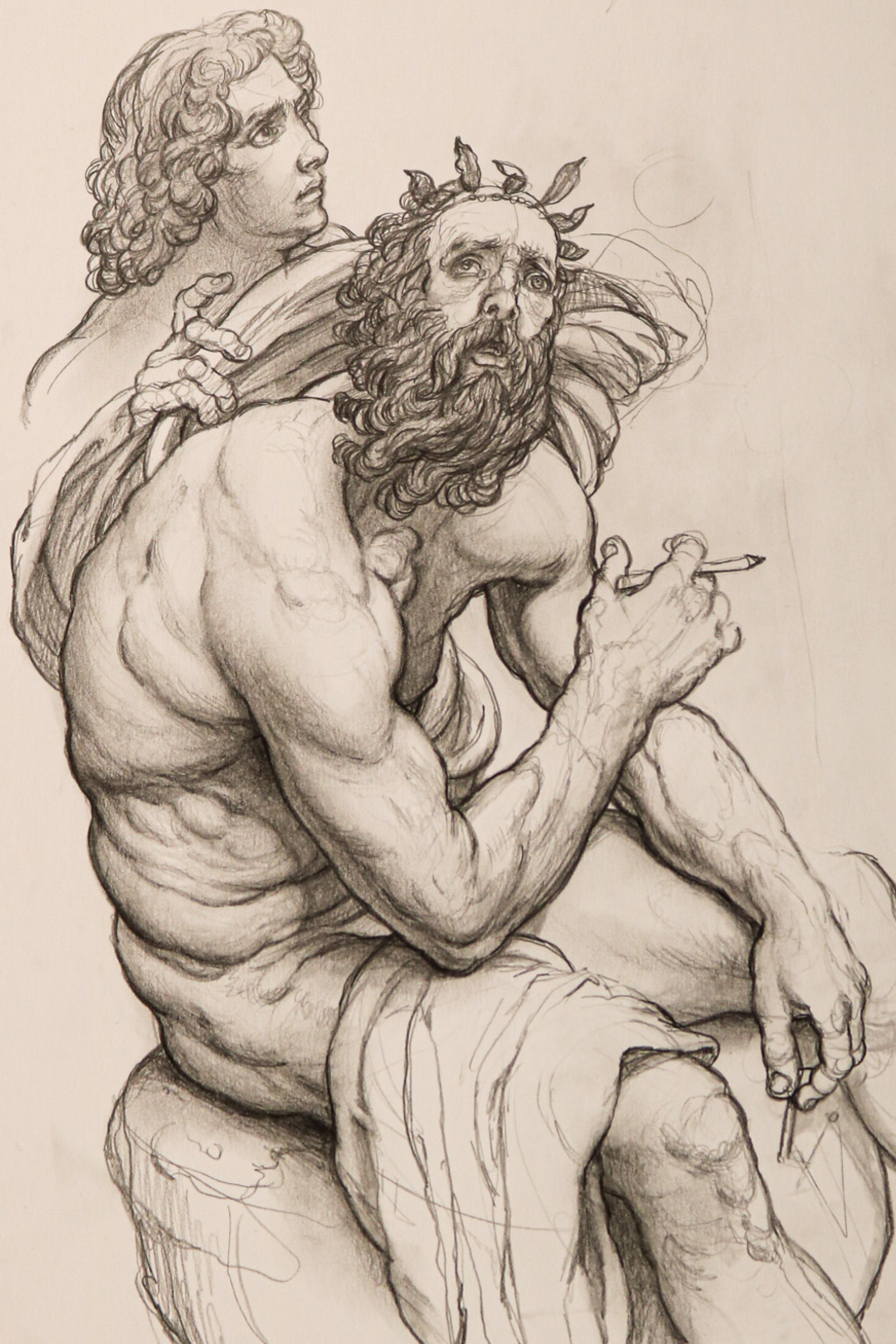 This is an image of Adam Millers piece The Philosopher. It is a figure sketch of an elderly man and a religious figure behind him. He appears lost in thought and holds a pencil in his right hand.