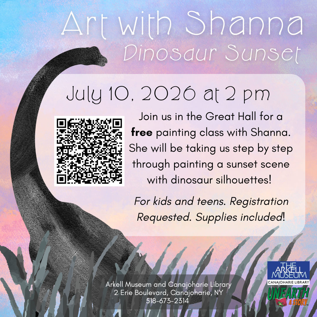 This is a promotional image for our Art with Shanna program. It is a pastel pink and blue sunset background, with a brontosaurus hovering over the event details. 