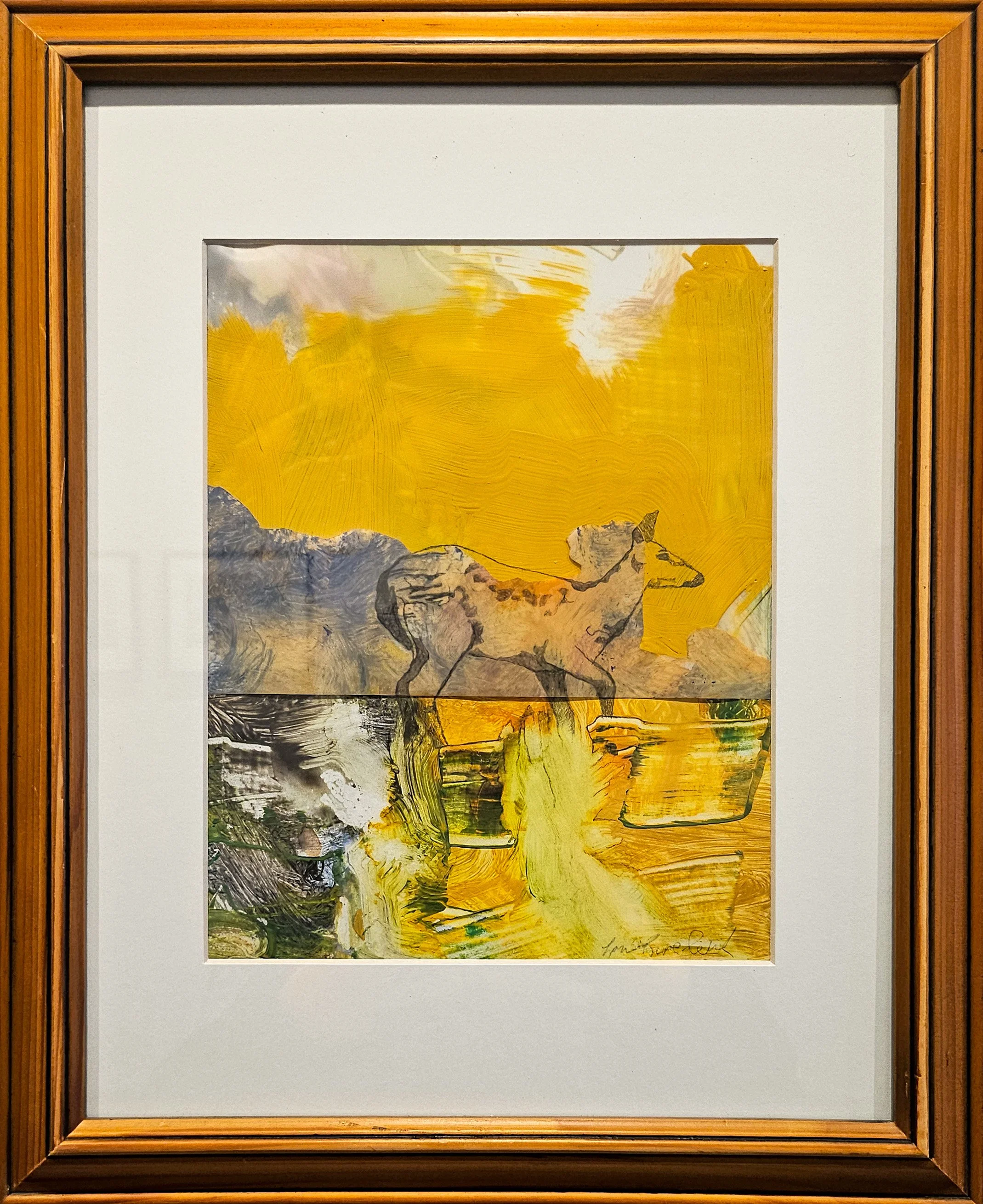 A mixed media illustration. The background has a large patch of yellow, split up on the horizon with other color parts. An outline of a deer is the focal point along the horizon.