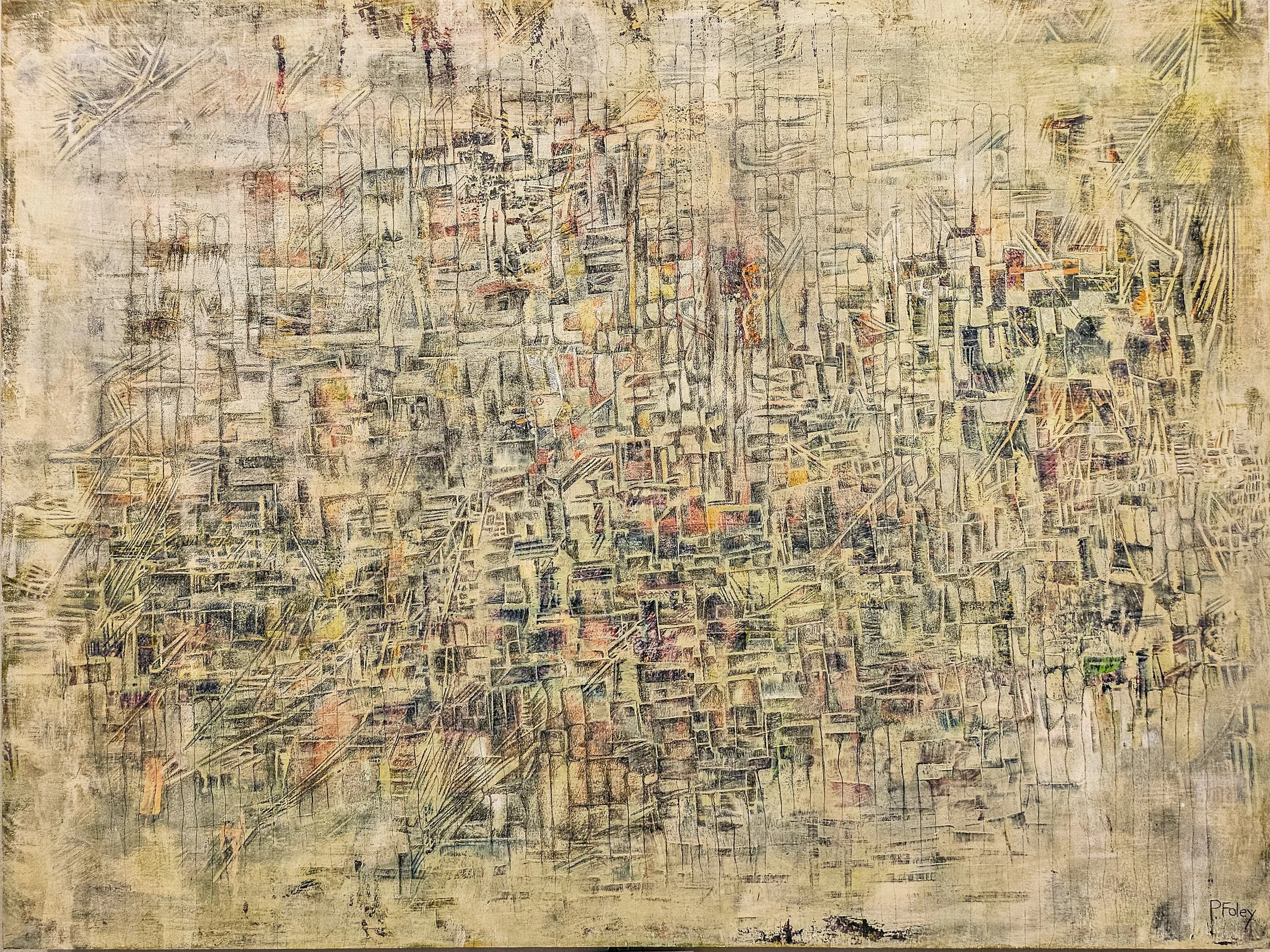 An abstract acrylic and pencil work, with lots of miniscule coloured shapes.