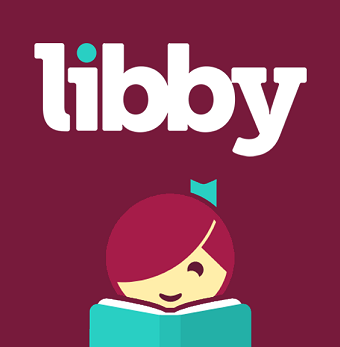 This is a promotional image for Libby by Overdrive. The graphic features a red haired child, hiding behind a teal book.