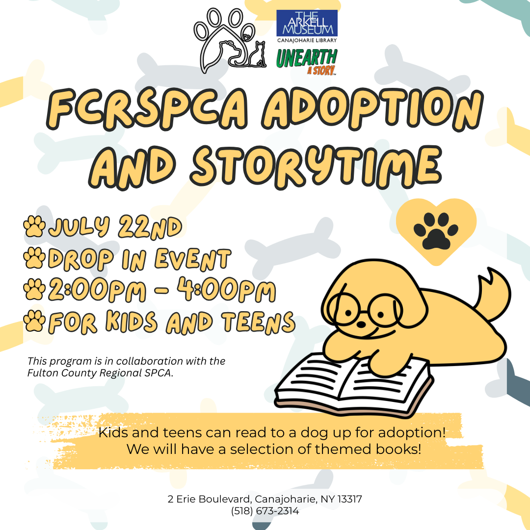 A graphic for the FCRSPCA Adoption and Storytime event. The graphic features a cartoon dog reading a book, a heart with a paw print, and a background of repeating cartoon dog bones.