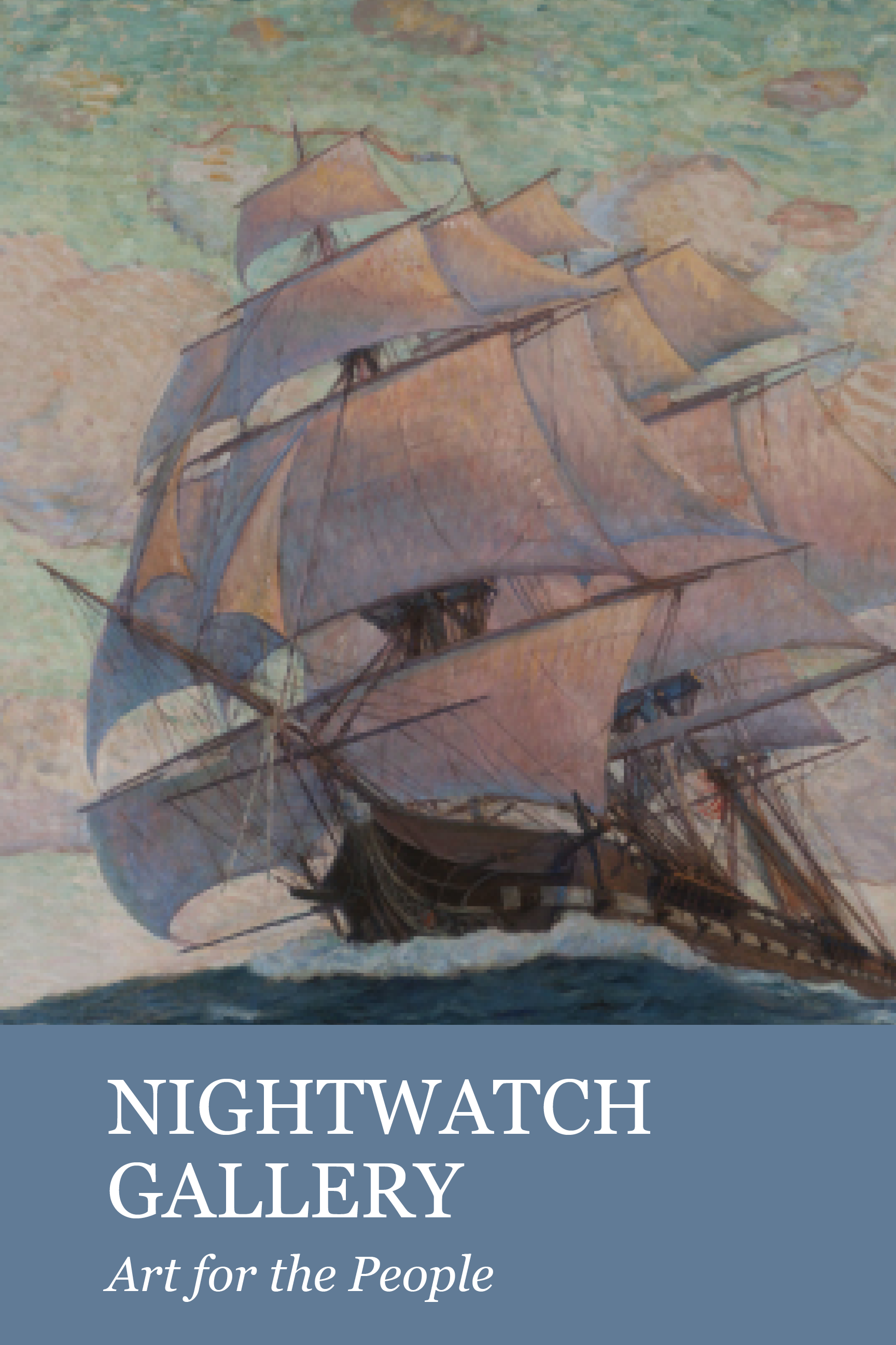 Nightwatch gallery - Art for the people. This is an image of Clifford Ashley's work the "U.S.S. Constitution. It is a large ship sailing over a rough sea.