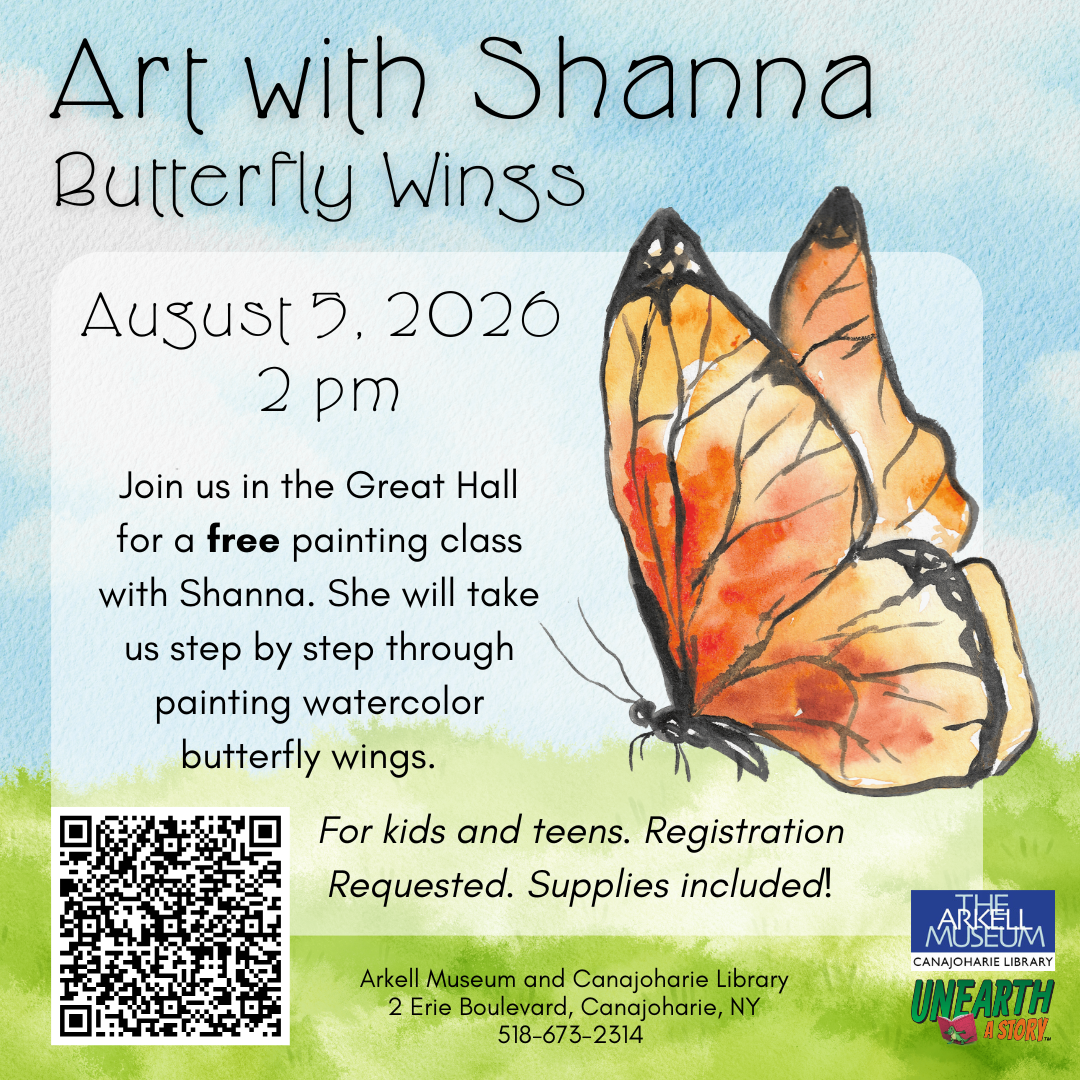 A graphic for the "Art With Shanna: Butterfly Wings" program. The graphic features a watercolor sky and grassy background, with a watercolour monarch butterfly in the foreground.
