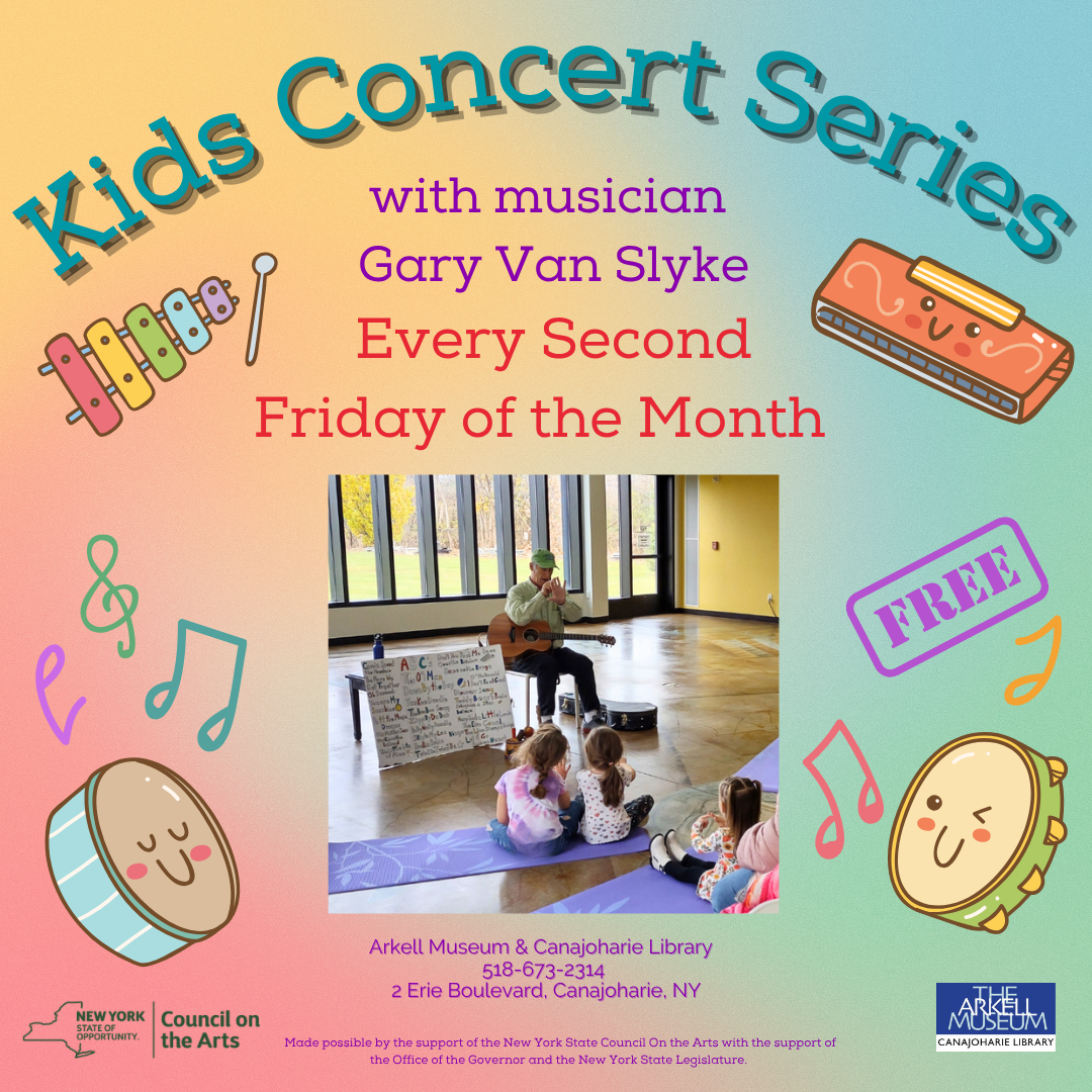 This is a promotional image for our Gary Van Slyke Concert Series. It is a pink to green gradient background, graphics of various instruments like a drum and harmonica, a photo of Gary, and has the event details listed.