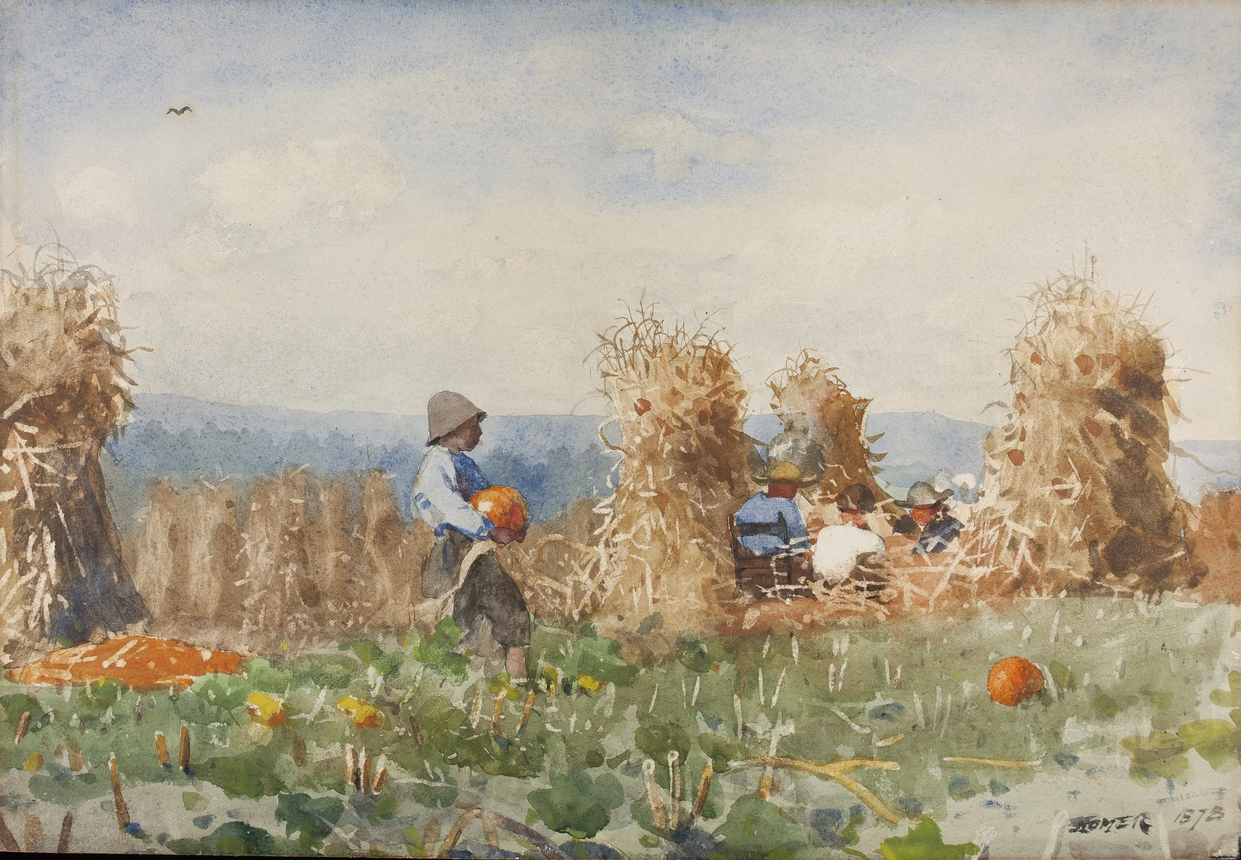 This is an image of Winslow Homer, The Pumpkin Patch (Husking), 1878. It is a boy in a field carrying a large orange pumpkin and surrounded by haystacks.