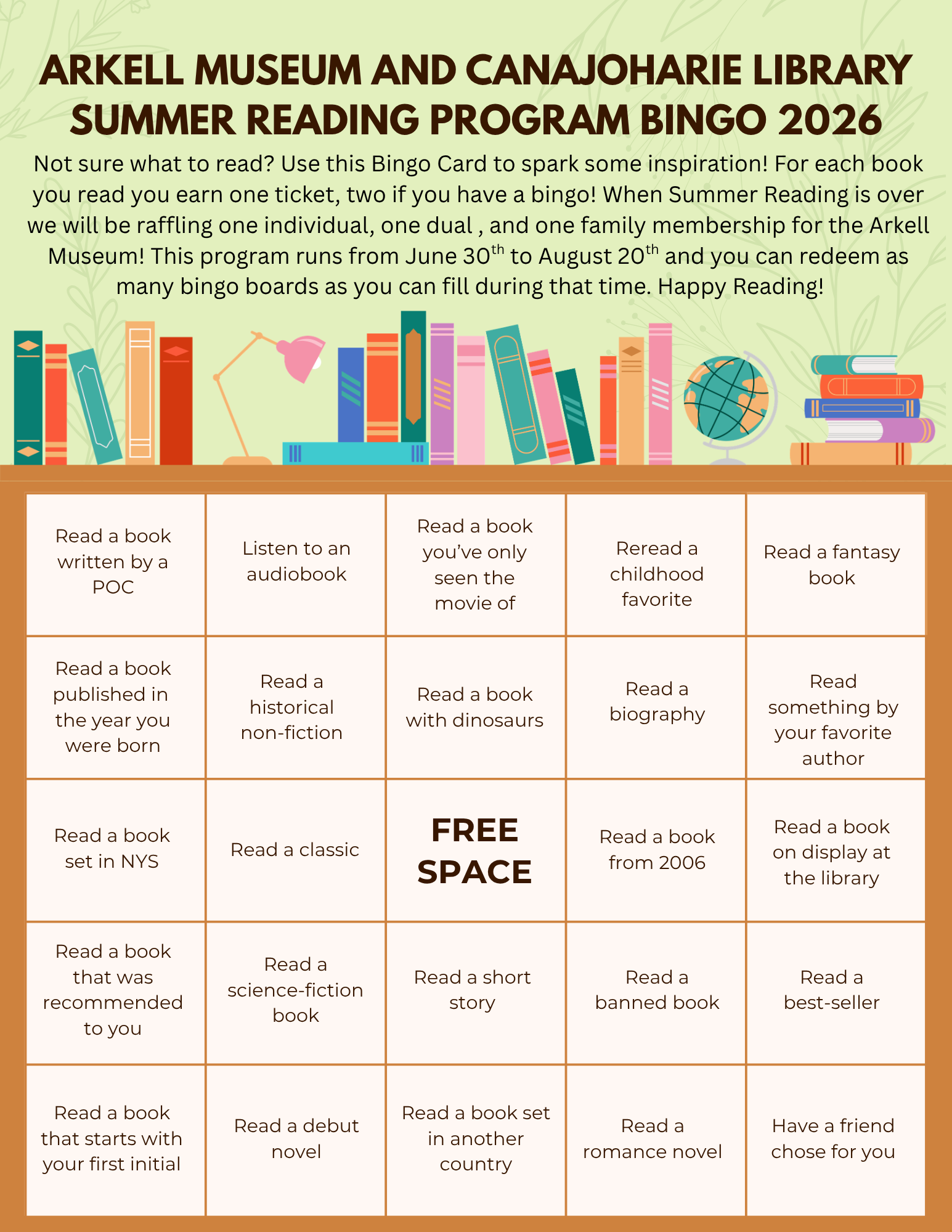 This is a downloadable image of our 2026 Summer Reading Bingo Board! It is showing different categories to recommend what type of book you can read to earn points.