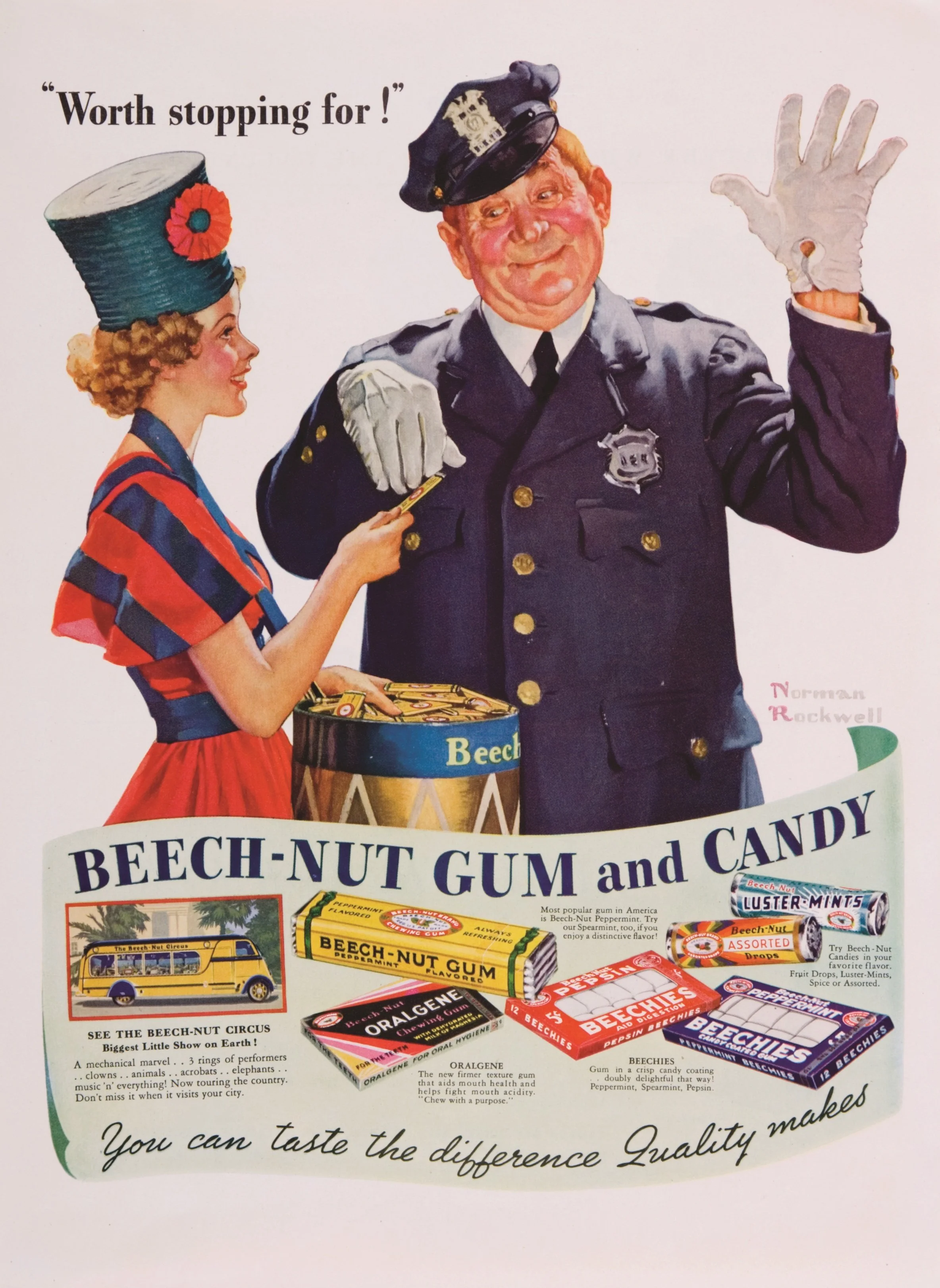 Picture of a young woman handing a stick of gum to a police officer. The officer wears white gloves. One had is up in the air making a STOP sign. The other hand takes a piece of gum from the young woman. He smiles at her.