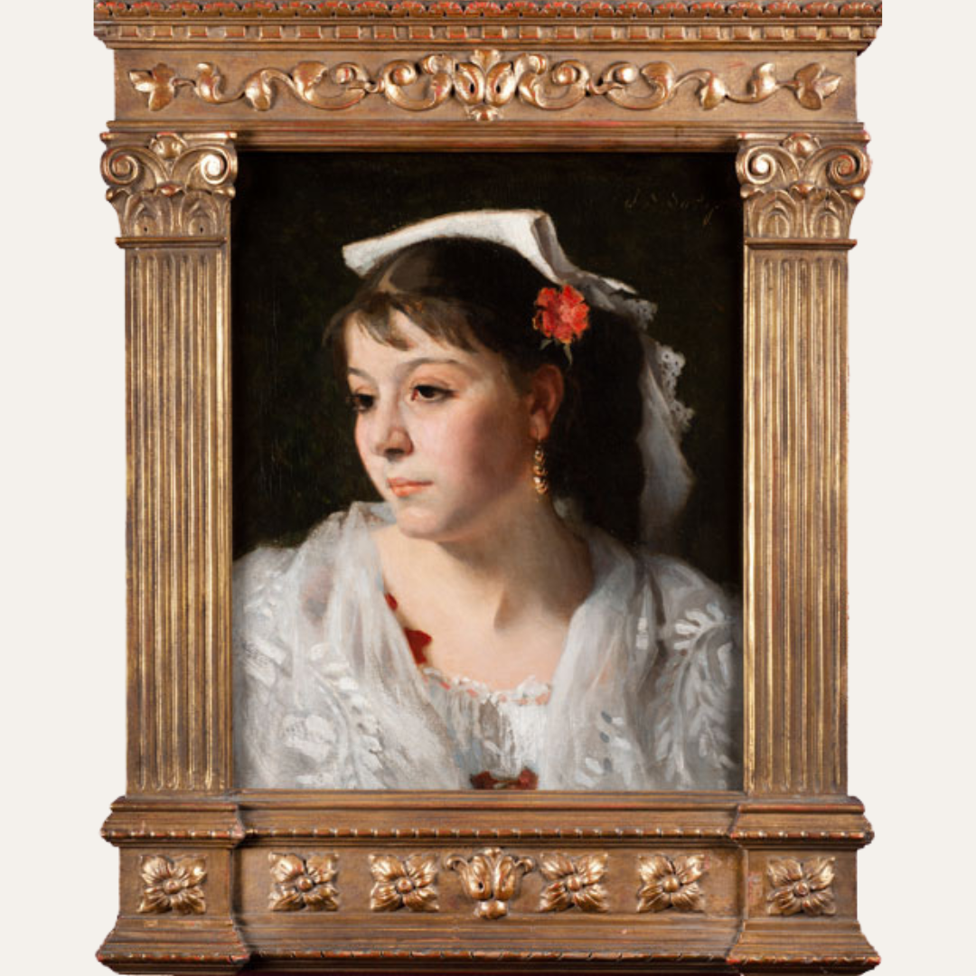 oil painting of a woman in white lace looking our of a gilt frame with columns and flowers.