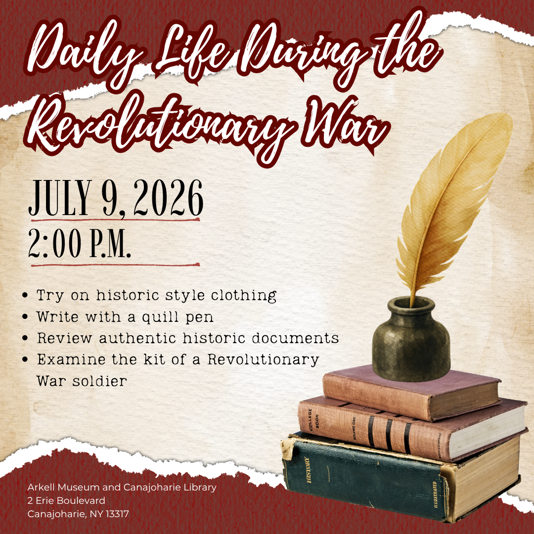 A graphic for the "Daily Life During the Revolutionary War" program featuring a quill on books.