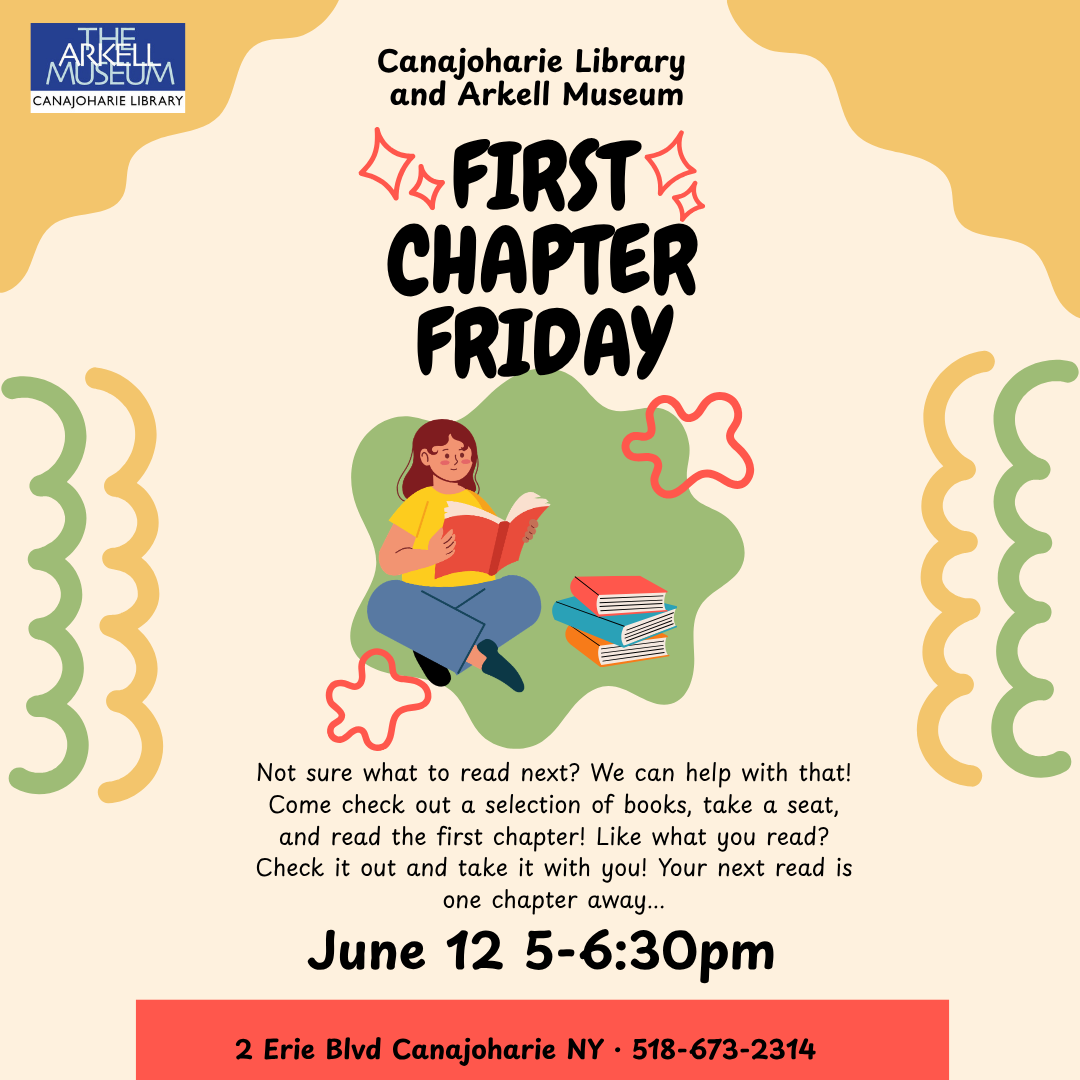 This is a promotional image for our "First Chapter Friday" event. There is a graphic of one adult reading next to a pile of books. This image also contains miscellaneous squiggles along with event details.