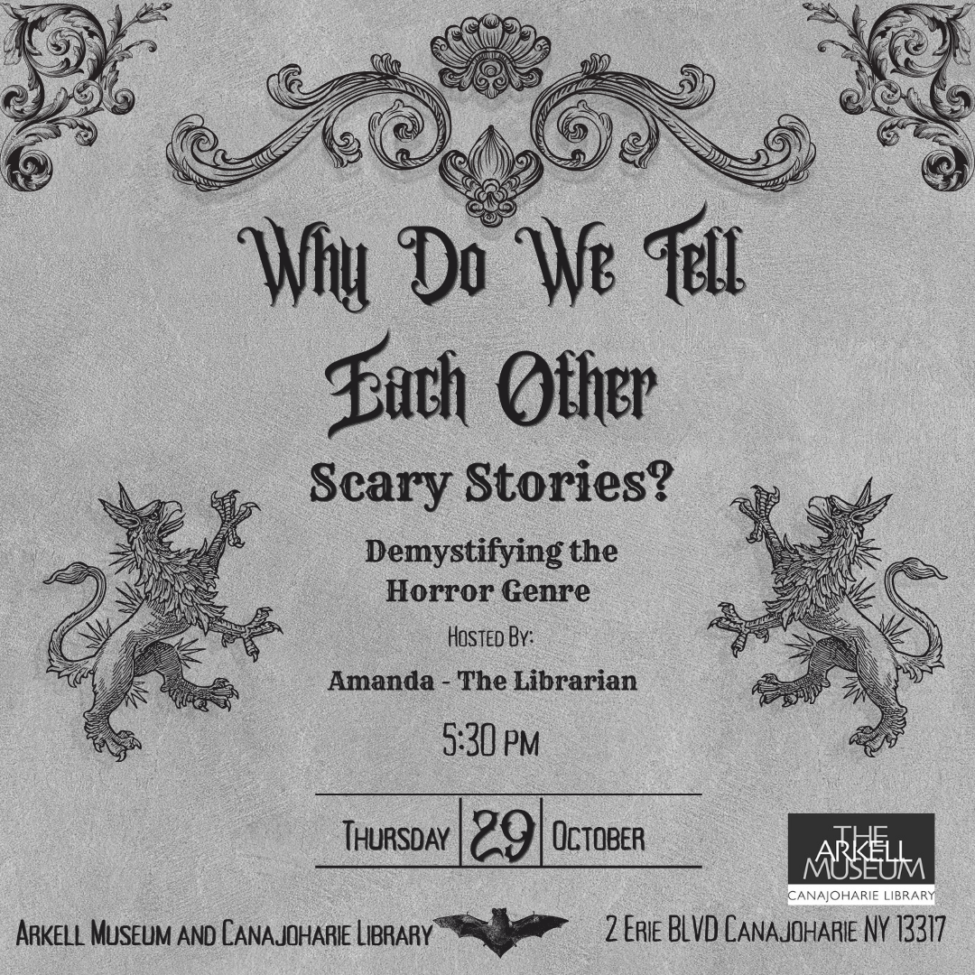 A graphic for "Why Do We Tell Each Other Scary Stories?" It is a fully greyscale graphic, with a gothic font and gothic decorations. Two gryphons pose on either side of the text.