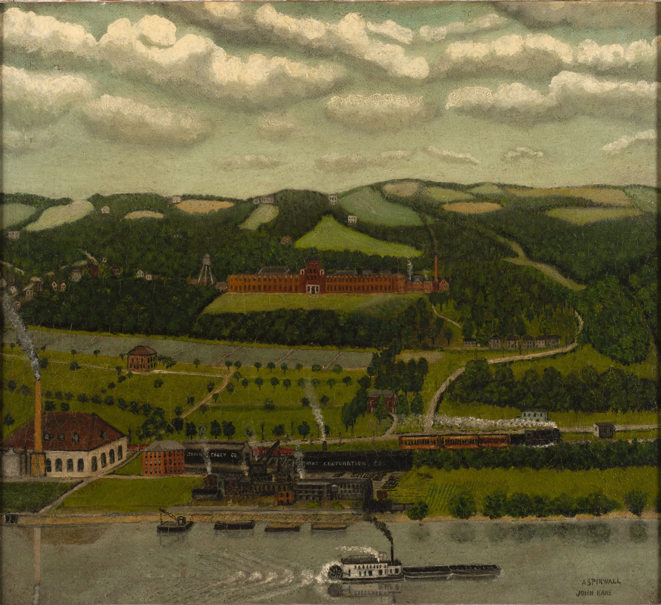 Painting of a hill with some trees and some fields. In the foreground is a river with a steam boat on it