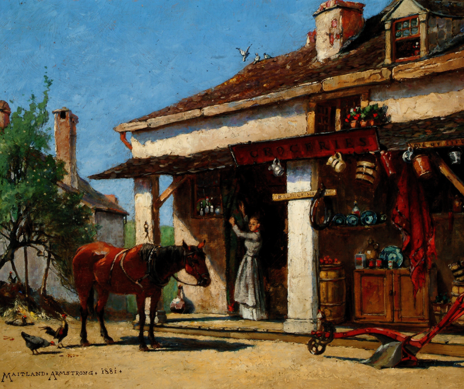 oil painting of a small general store. A horse stands out front. A woman adjusts something in a doorway
