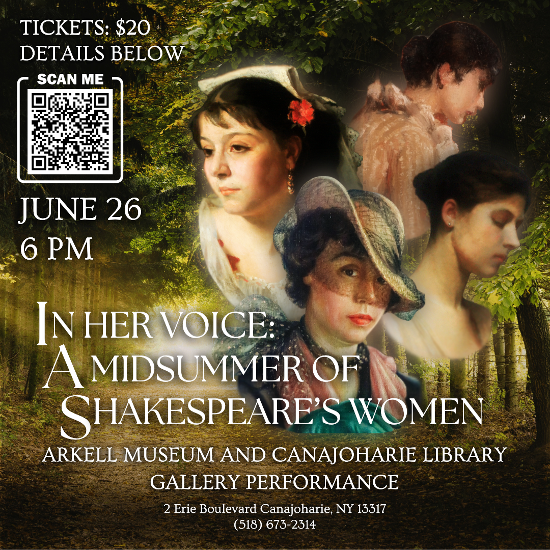 This is a promotional image for our Shakespeare program. This features four portraits from works in our collection over a forest scene in the background. The image lists the event details in a white font.