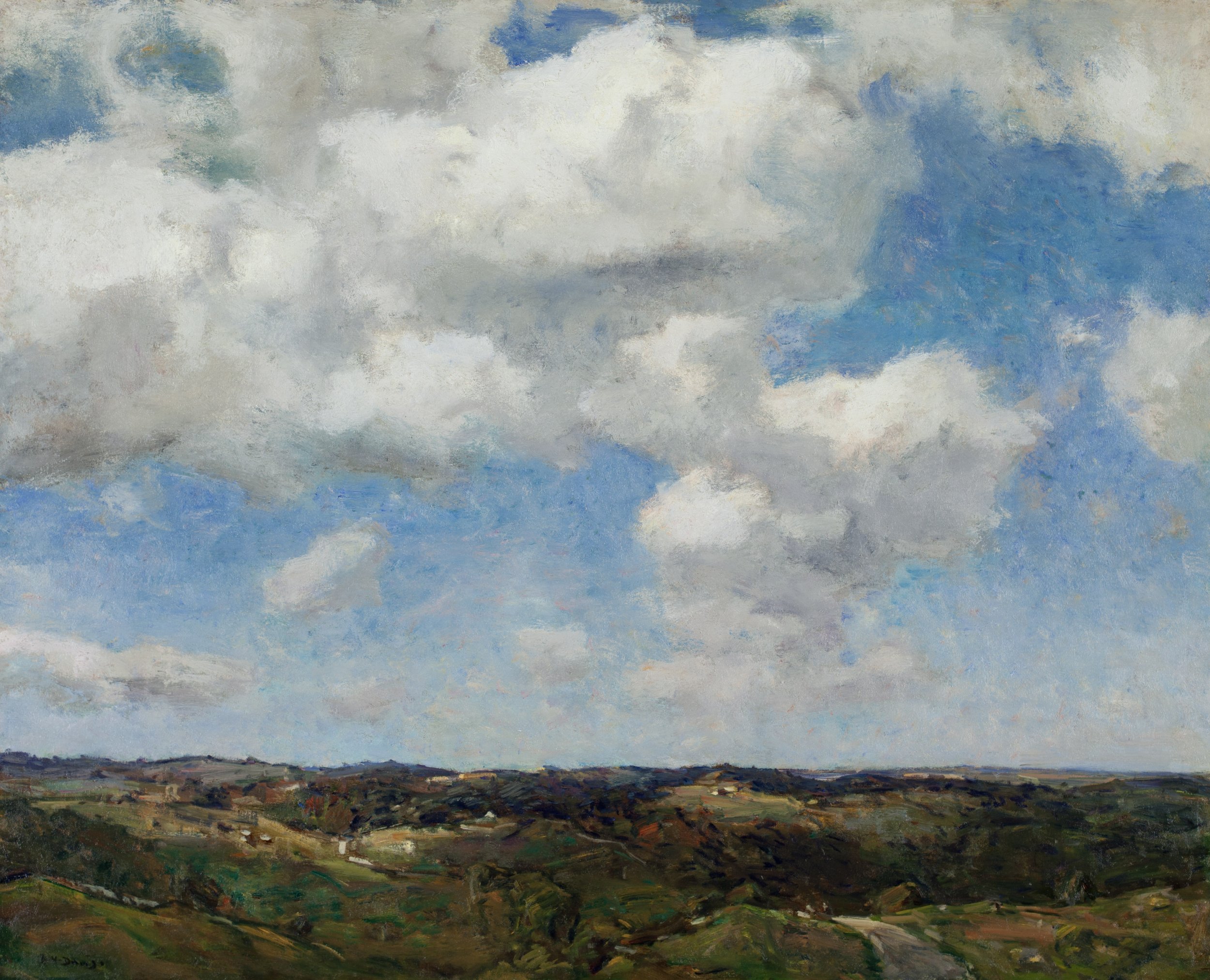 A landscape painting depicting an expansive blue sky that fills two thirds of the canvas with soft white clouds and rolling softly lit hills below.