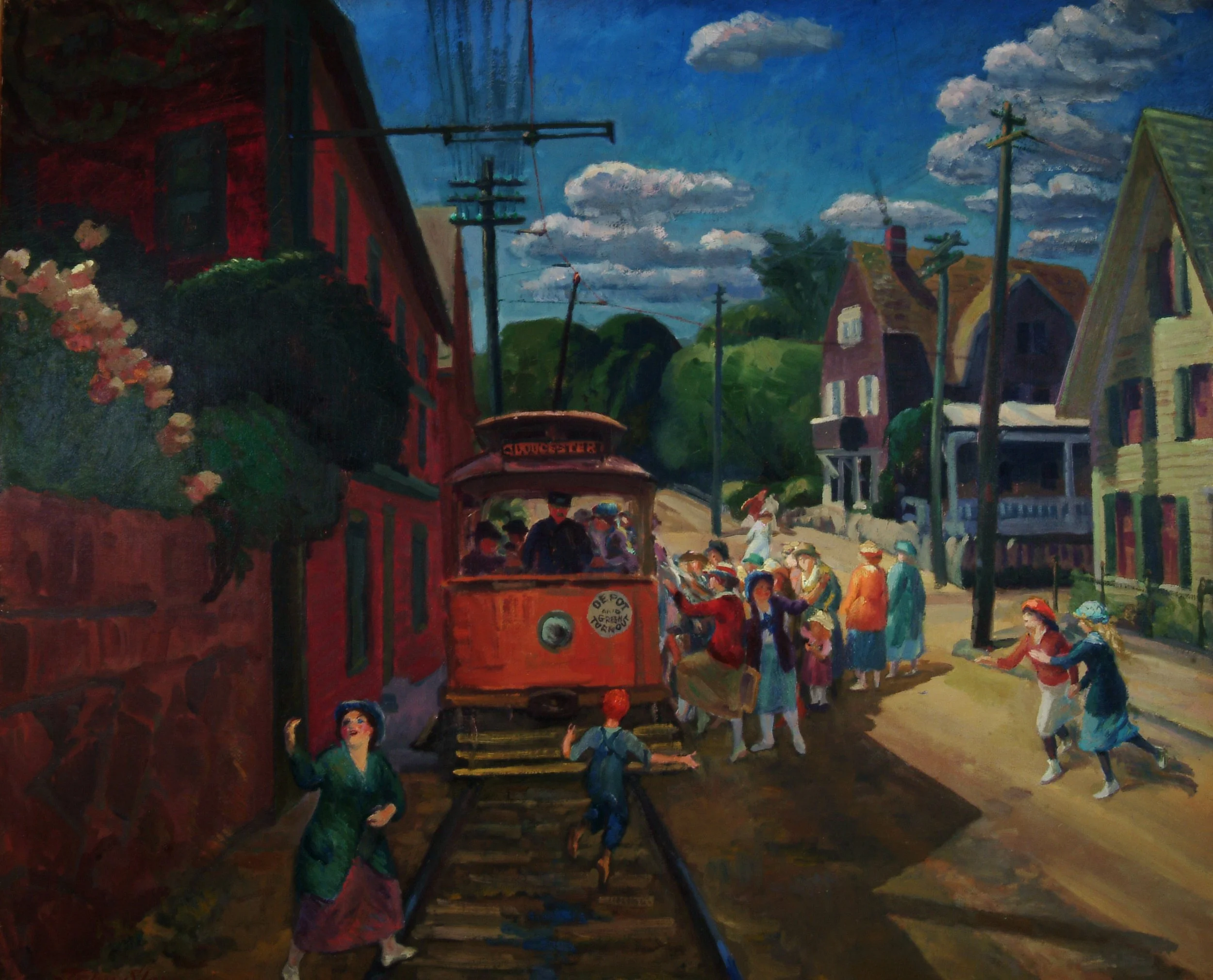 Street scene of children and women crowding on to a red trolly. 