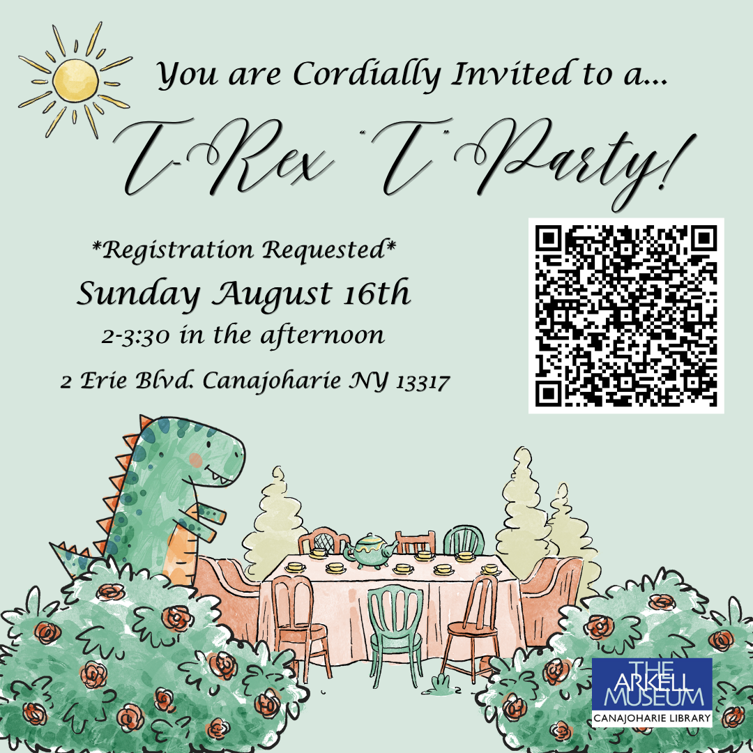 A promotional program graphic for a "T-Rex 'T' Party." The background is a light teal green, with watercolor styled illustrations decorating the graphic. A cartoon dinosaur is setting a table, and red rose bushes are on the bottom corners.