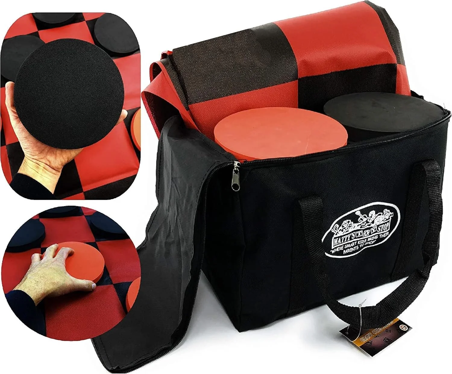 This is an image of the deluxe giant checkers set in its case. The bag is open and you can see the foam discs inside.