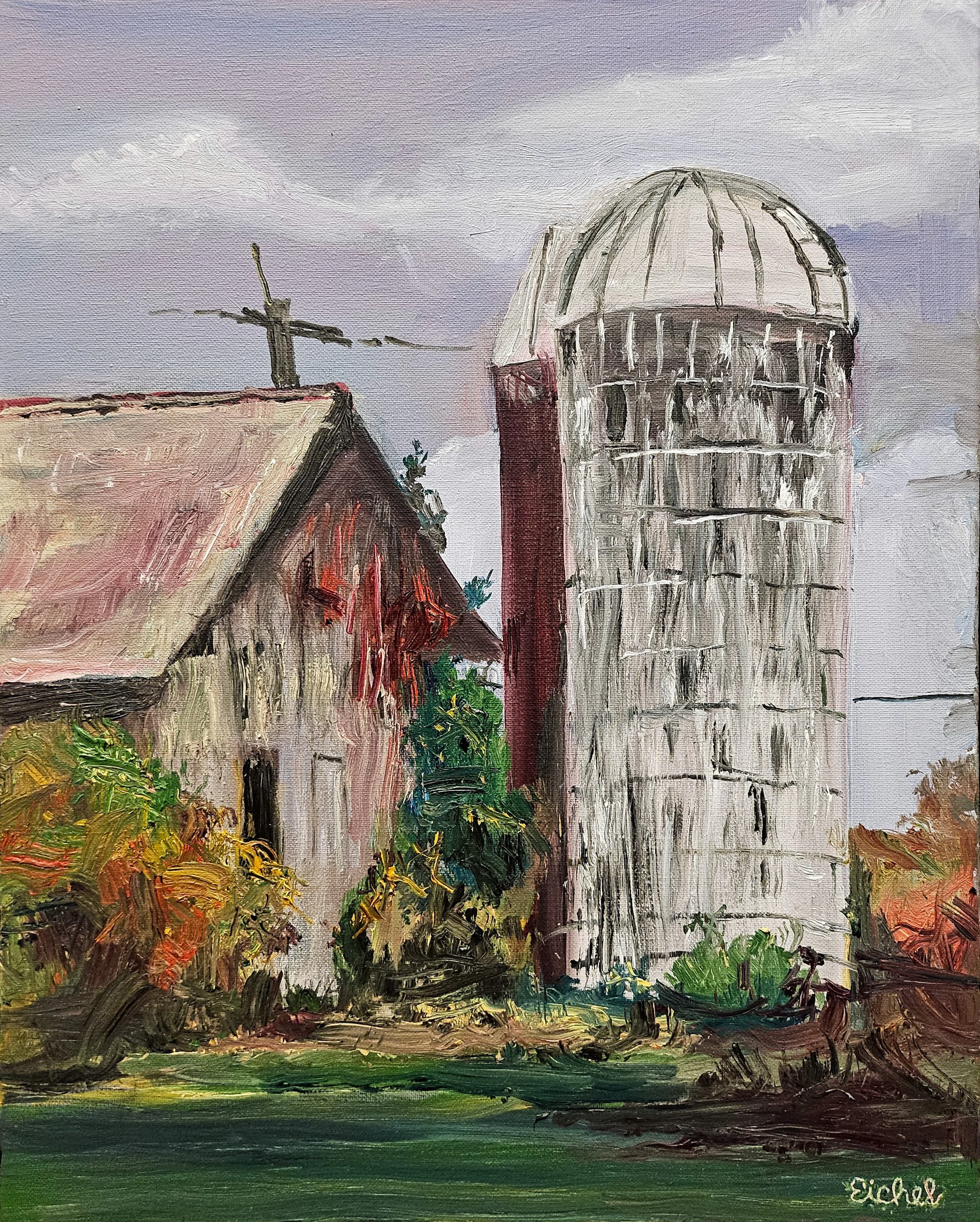 An oil painting of a silo and a barn. The atmosphere is cloudy and grey.