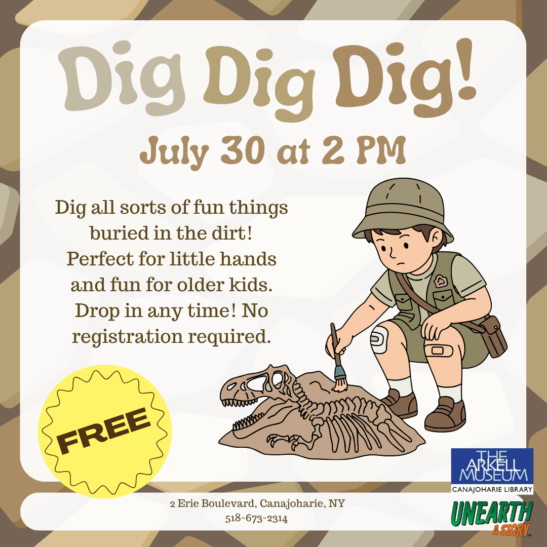 A graphic for the "Dig Dig Dig" archaeology program. The graphic features an earthy toned stone background, with a young child crouching down, dusting a mound of dirt with a dinosaur skeleton.