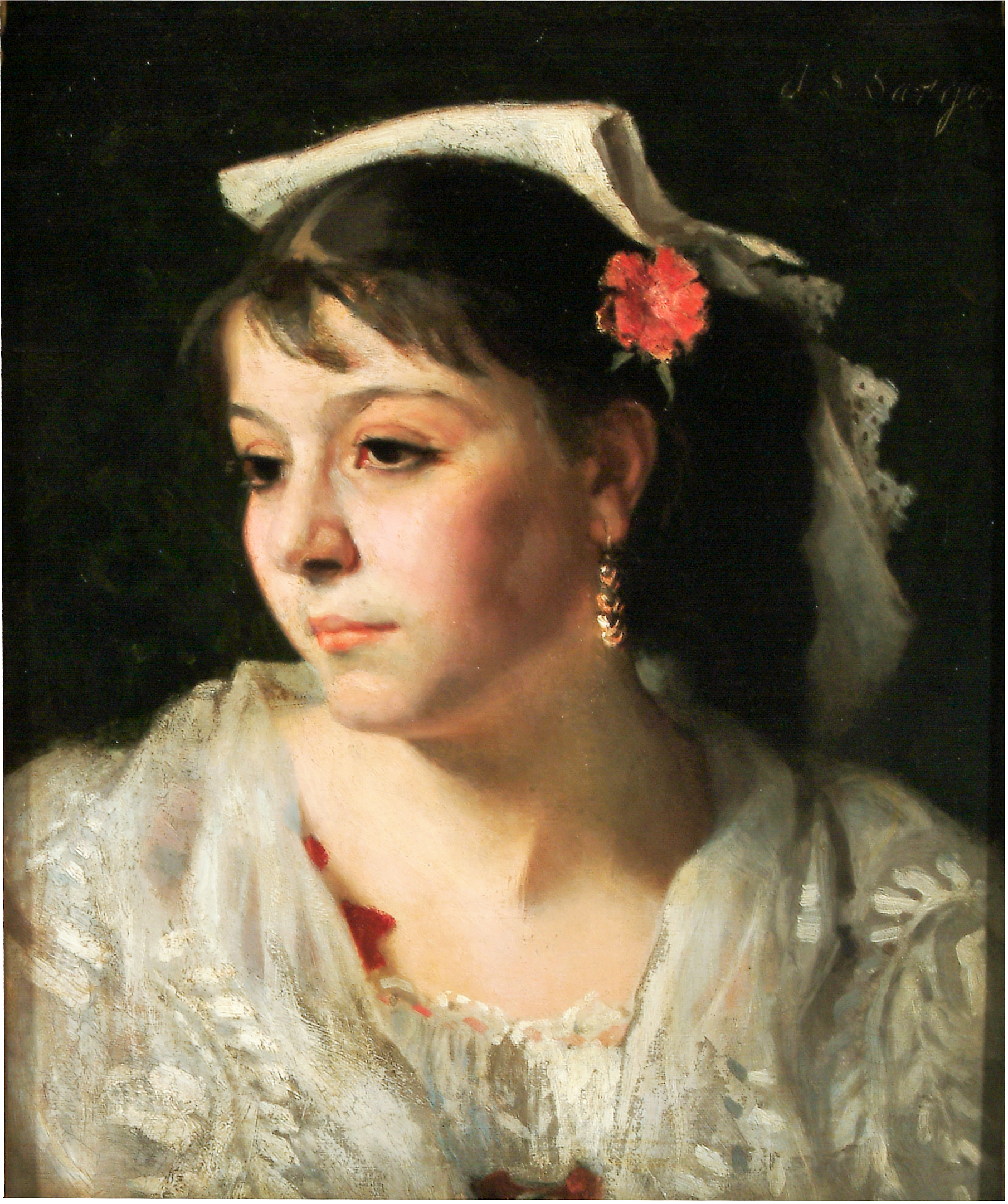 Oil painting, portrait of a woman. She looks off to the left. She has a red flower over her left ear. She wears a white headdress and white lace shawl