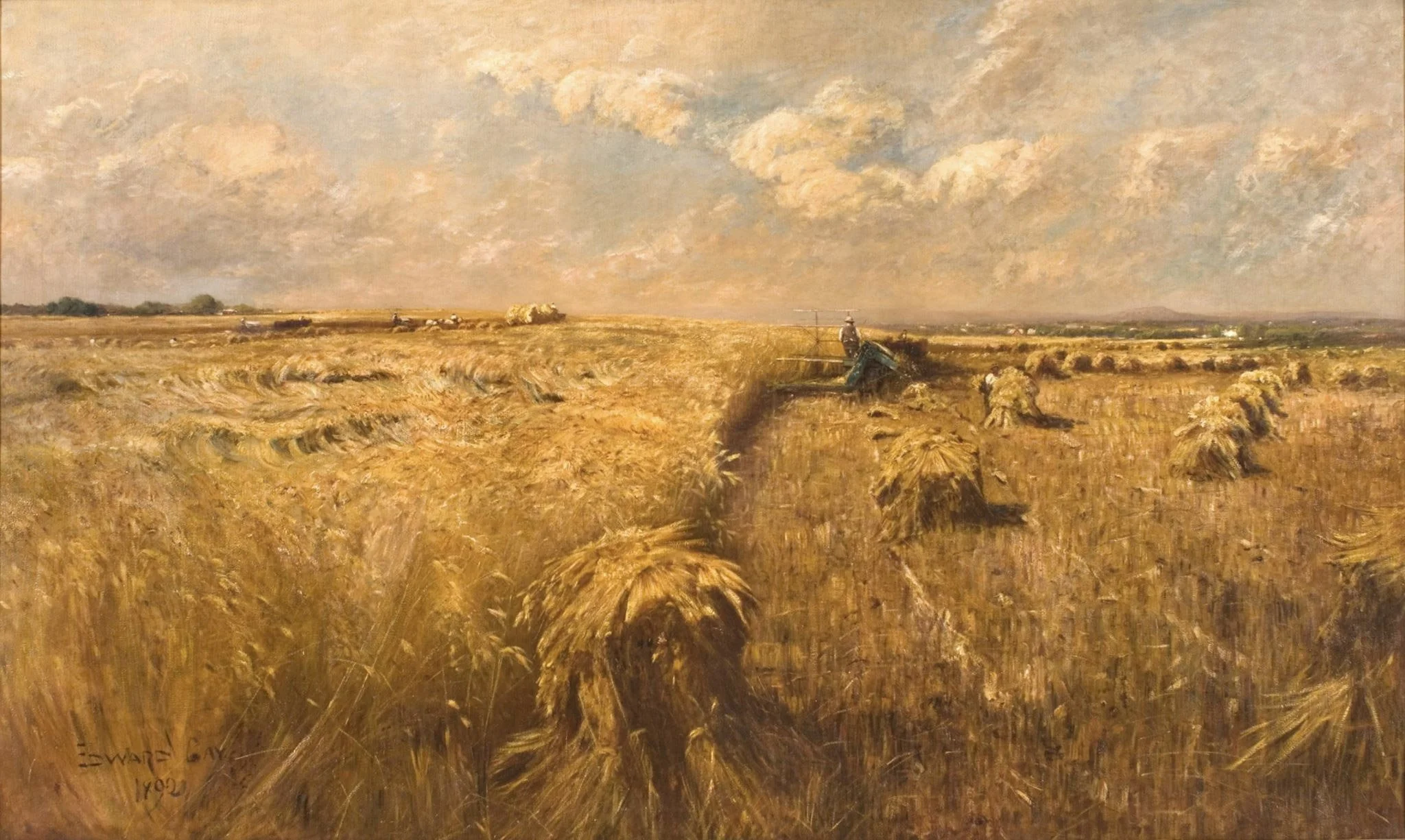 oil painting of a wheat field with a man harvesting wheat. 
