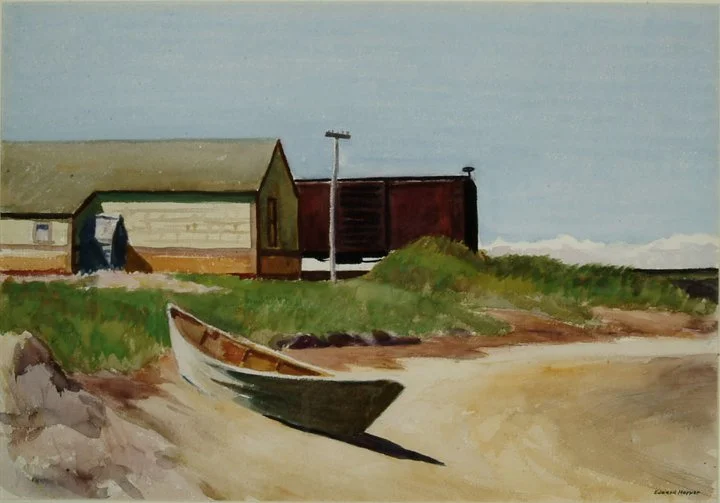 watercolor painting of a beach with an abandoned row boat, no water. The mid ground has grassy dunes. The background is a small clapboard train station and a rusty train car.