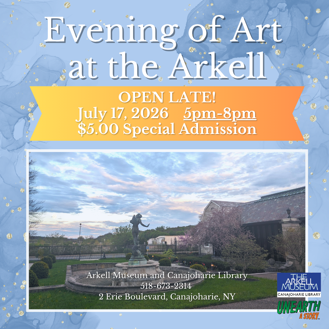 This is a promotional image for our Evening of Art event. It is a pastel "night sky" background with gold flecks as stars and an image of our Memorial Garden during sunset.