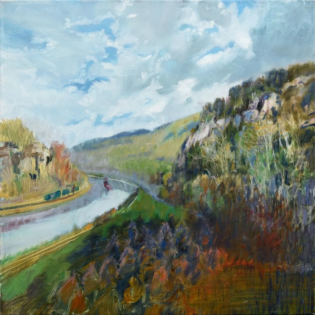 Landscape painting of two hills with a river going down he center