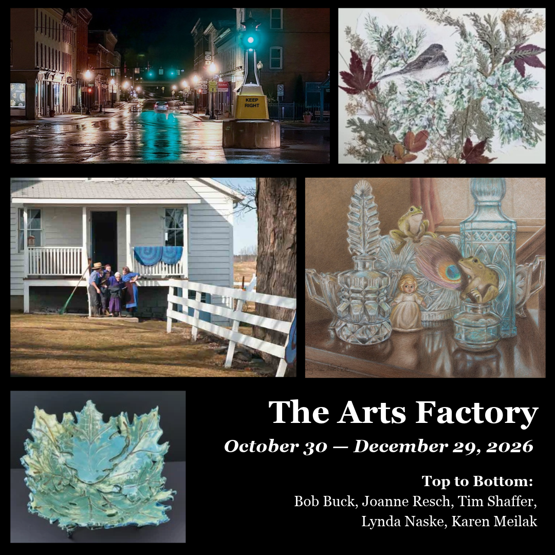 A graphic for the "Arts Factory Reception." Top left: street photo. Top right: illustration of leaves and birds Middle left: photo of an Amish family from afar. Middle right: illustration of glassware and frogs. Bottom left: Pottery of a leaf.
