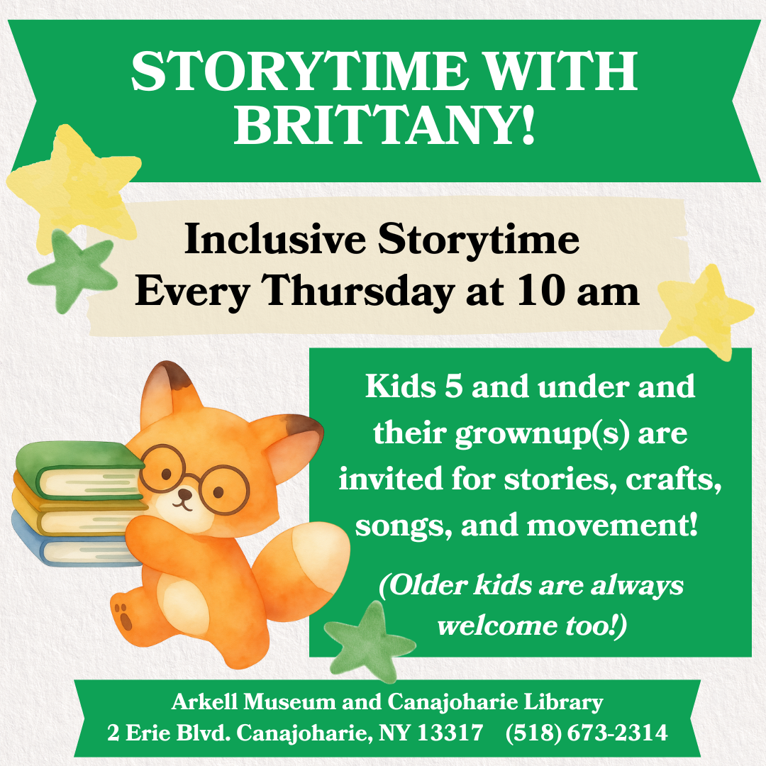 This is a promotional image for our Storytime with front desk clerk Brittany. It has the event details for storytime and features a cute animated fox who is wearing glasses and is carrying three books. There are also yellow and green stars.