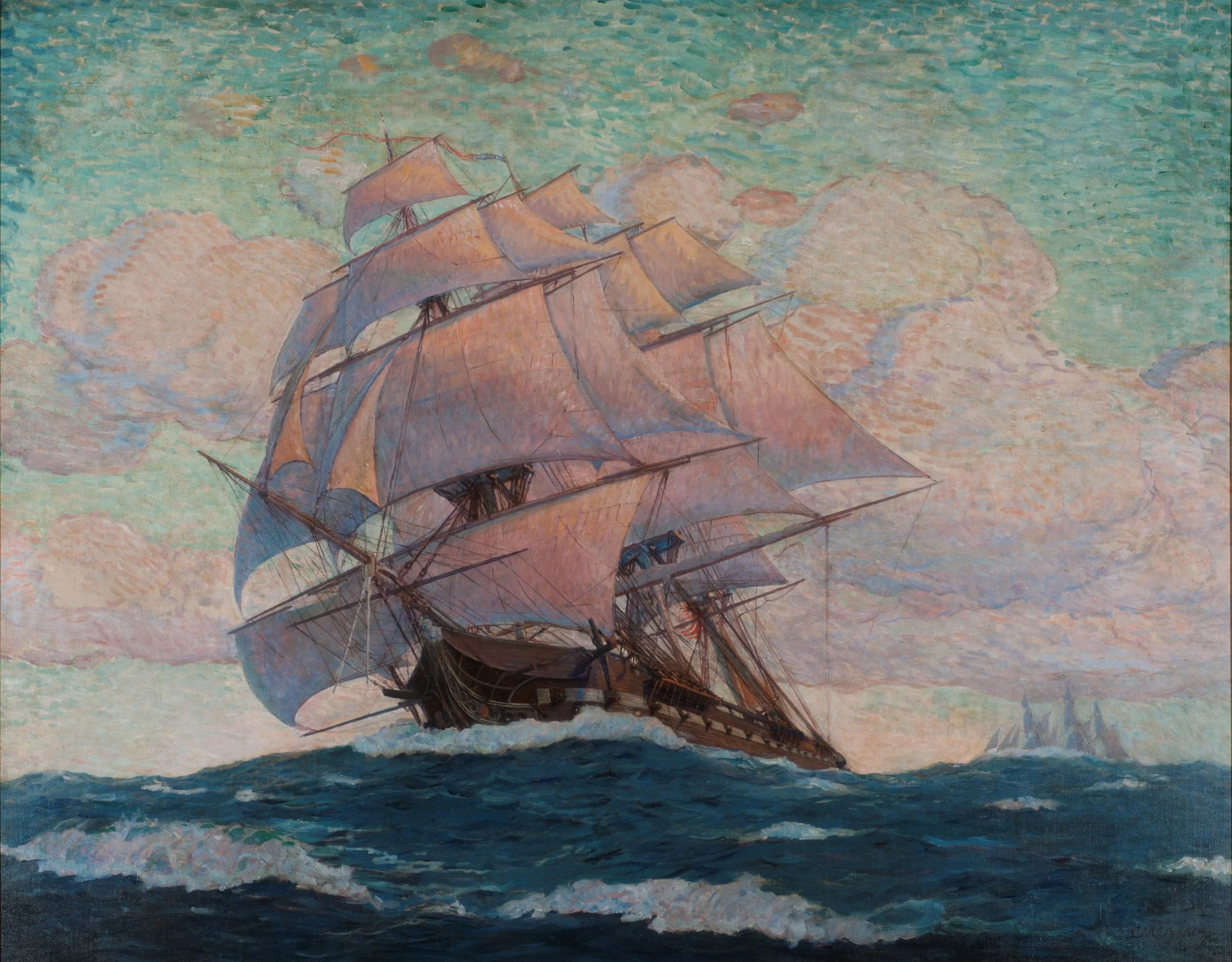 Oil painting in the impressionist style of a large tall wooden ship with sales furled sailing out at sea. Colors are soft pinks and dark blues.