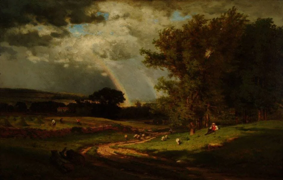  A shadowy landscape with a dark sky and central rainbow above a curvy road, a hayfield with farmers, and a herder lounging by a forest with their sheep. 