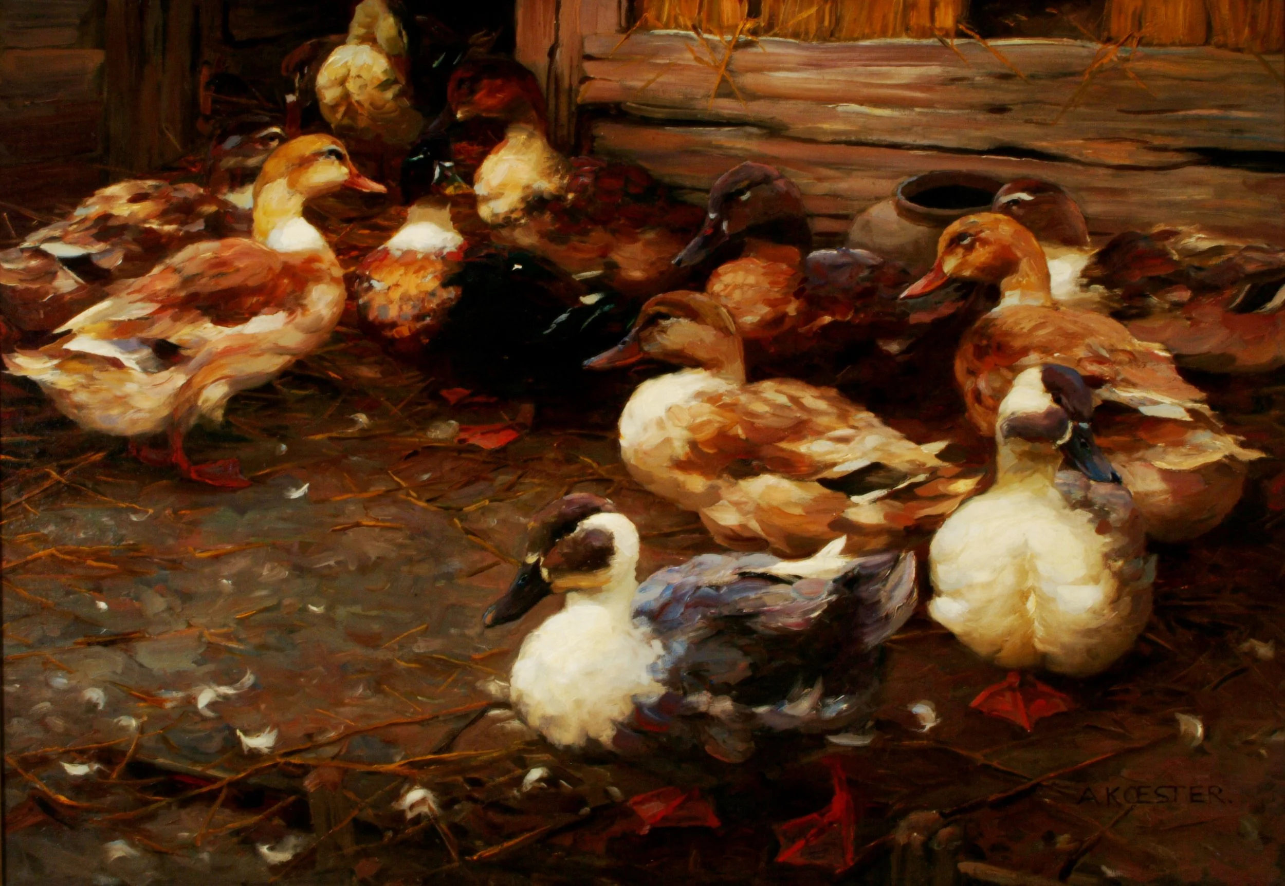 Oil painting of a group of ducks in a pen. The dusk are white, black and brow in color.