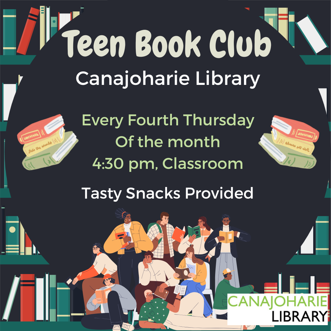 This is a promotional image of the Teen Book Club details. There are cartoon style people hanging out at the bottom reading books and there is a green bookshelf background.