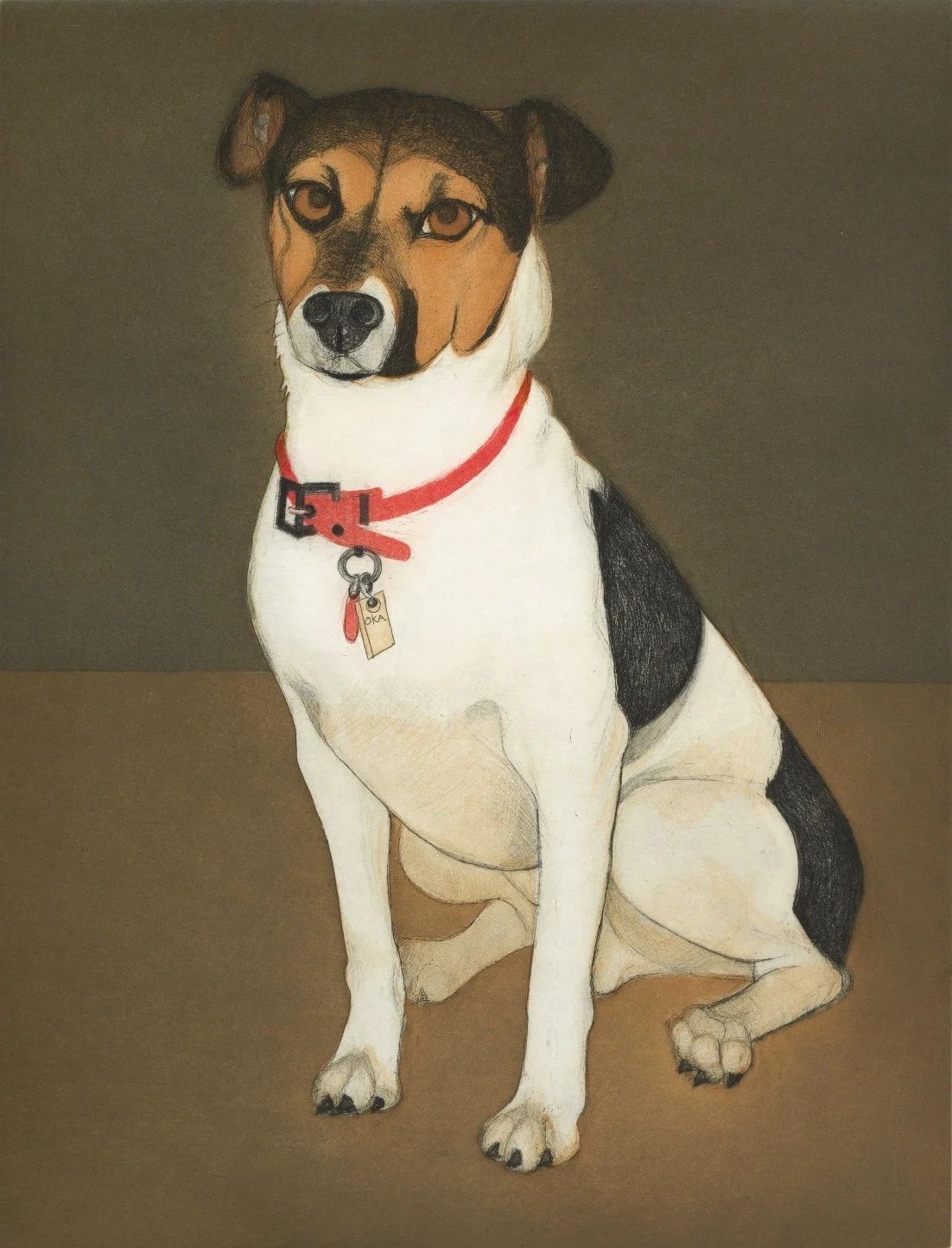 Print of a small white dog with black spots on its back. Its face is dark and light brown. He wears a red collar. The tag reads: Oka. 