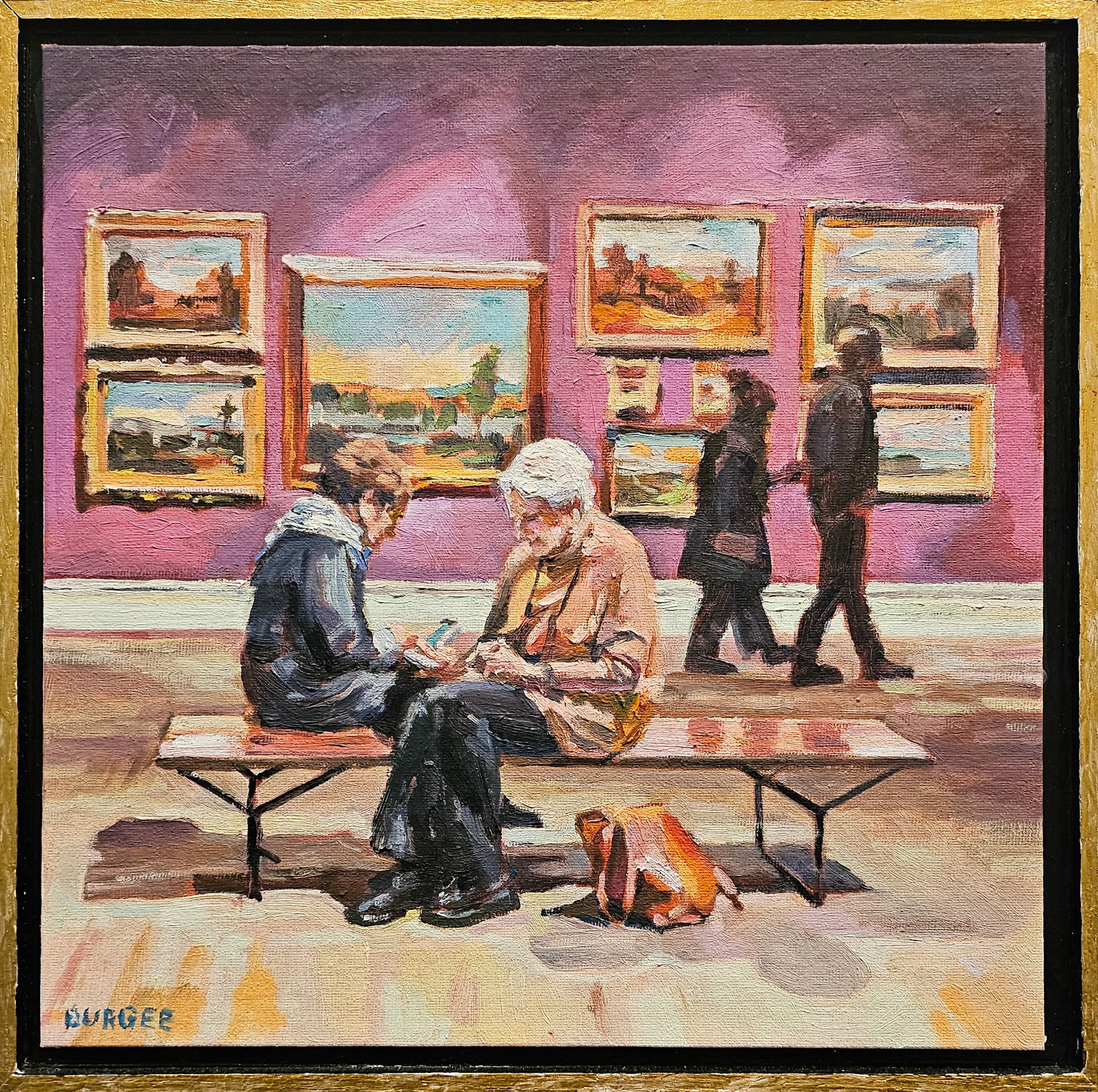 An oil painting depicting a museum gallery. Two figures are sitting on the bench in the middle on their phones, while two figures in the background are walking past a pink gallery wall with various framed artworks.