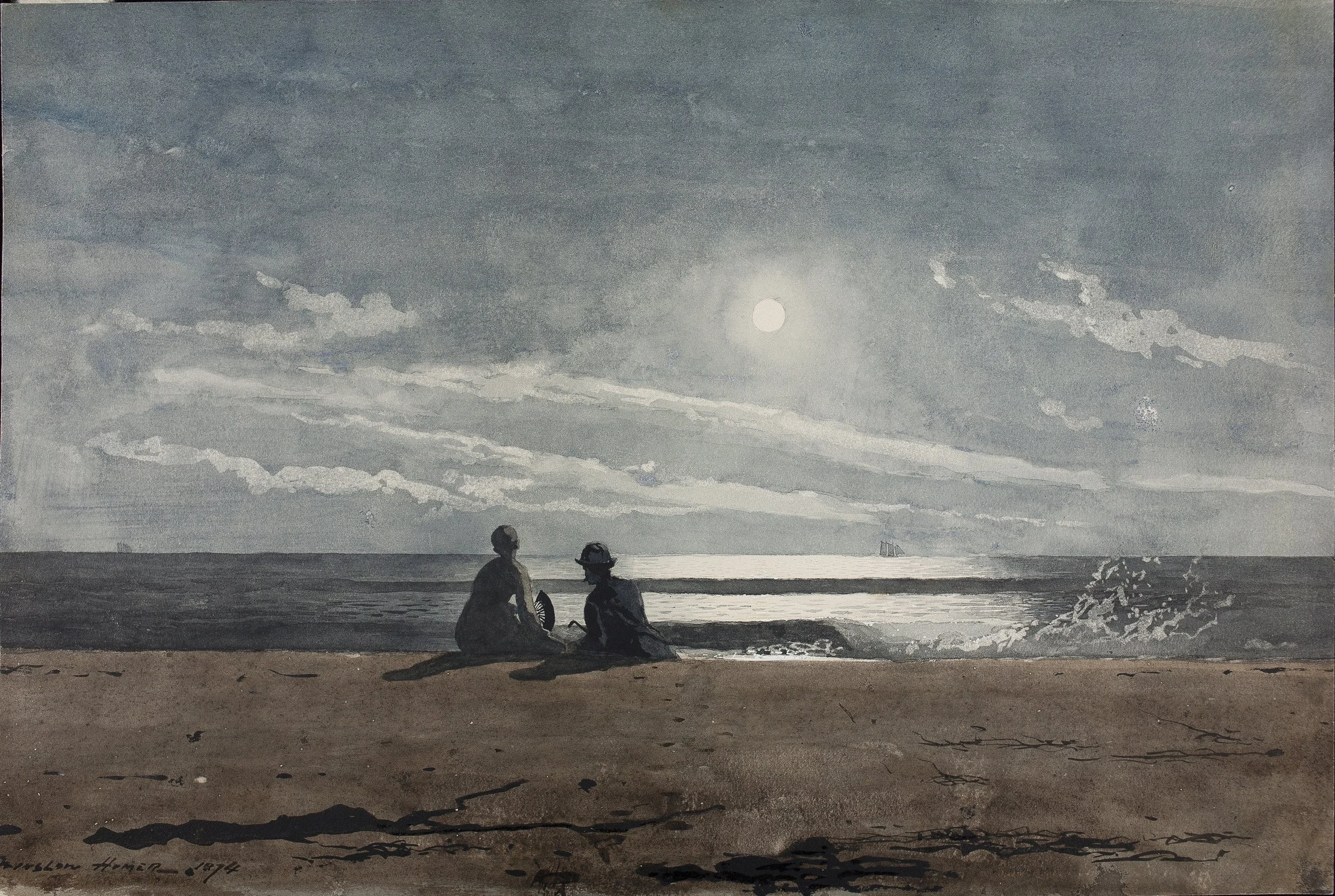 This is an image of Winslow Homer's painting - Moonlight. It is a beach scene and there are two people sitting in the sand, looking up at the moon.