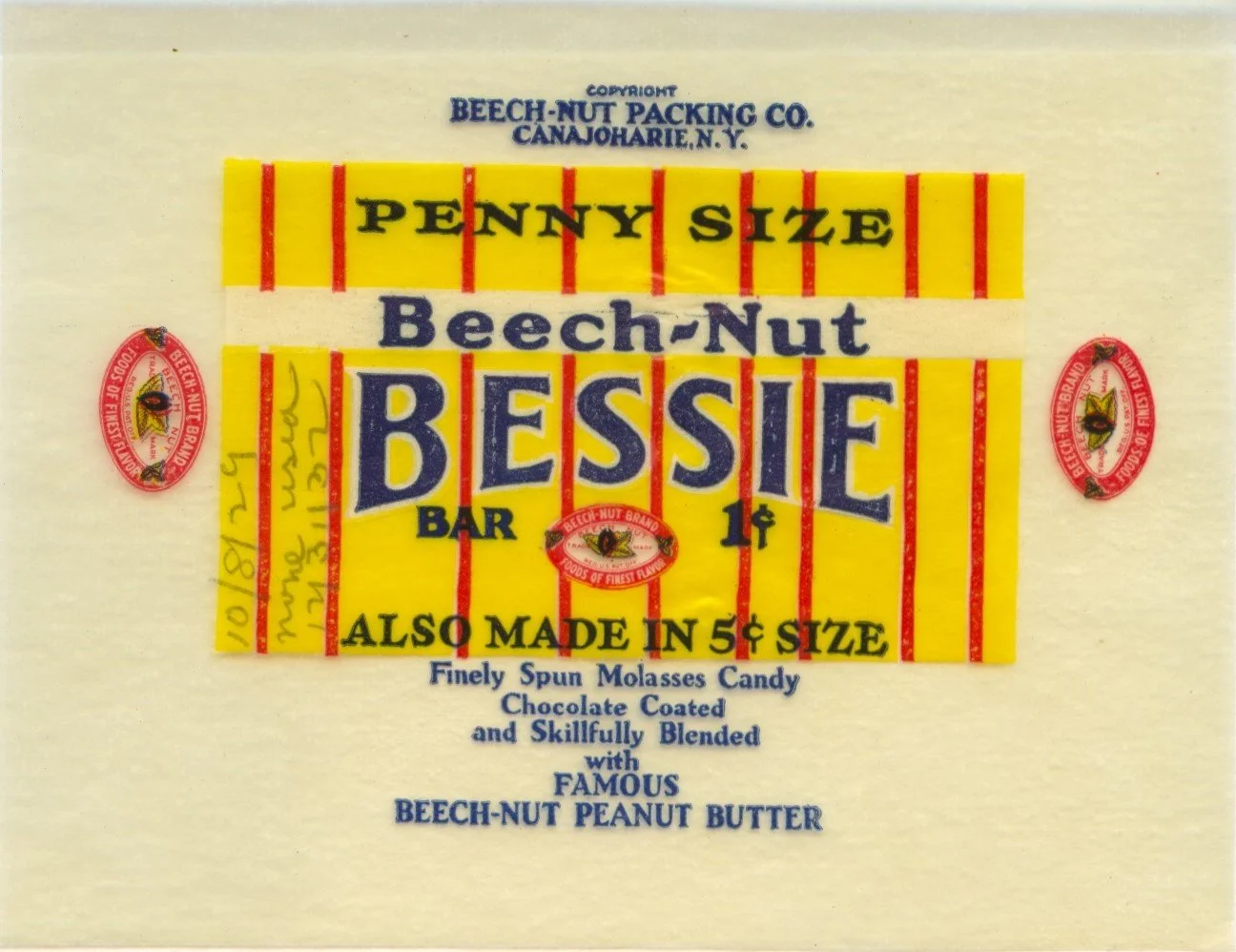 Candy wrapper marked Penny sized Beech-Nut Bessie Bar, 1 cent also made in 5 cent size